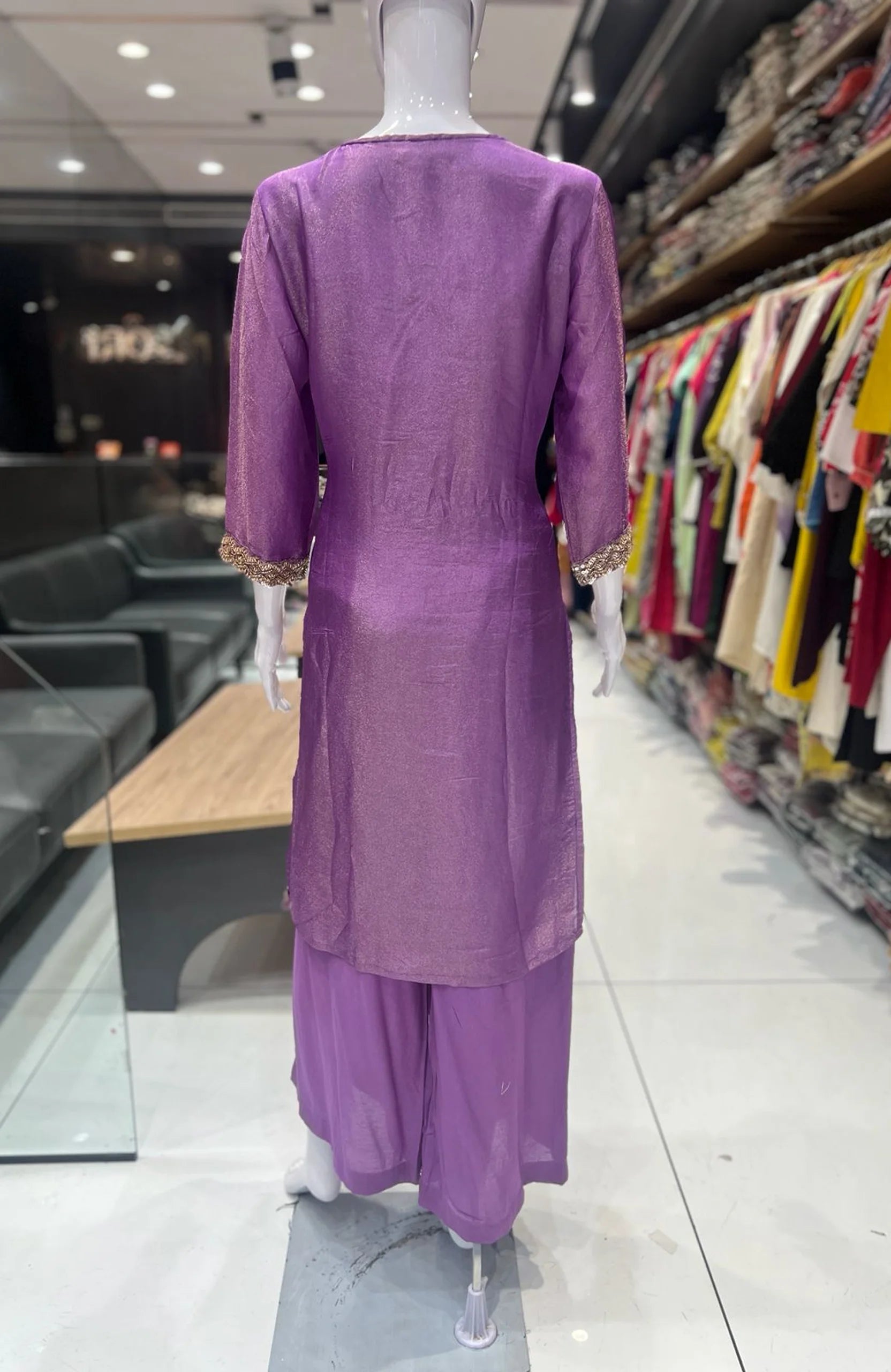 Purple Shimmer Jacquard Straight Suit Set for Women | Bead Work 3 Piece Wedding & Festive Wear
