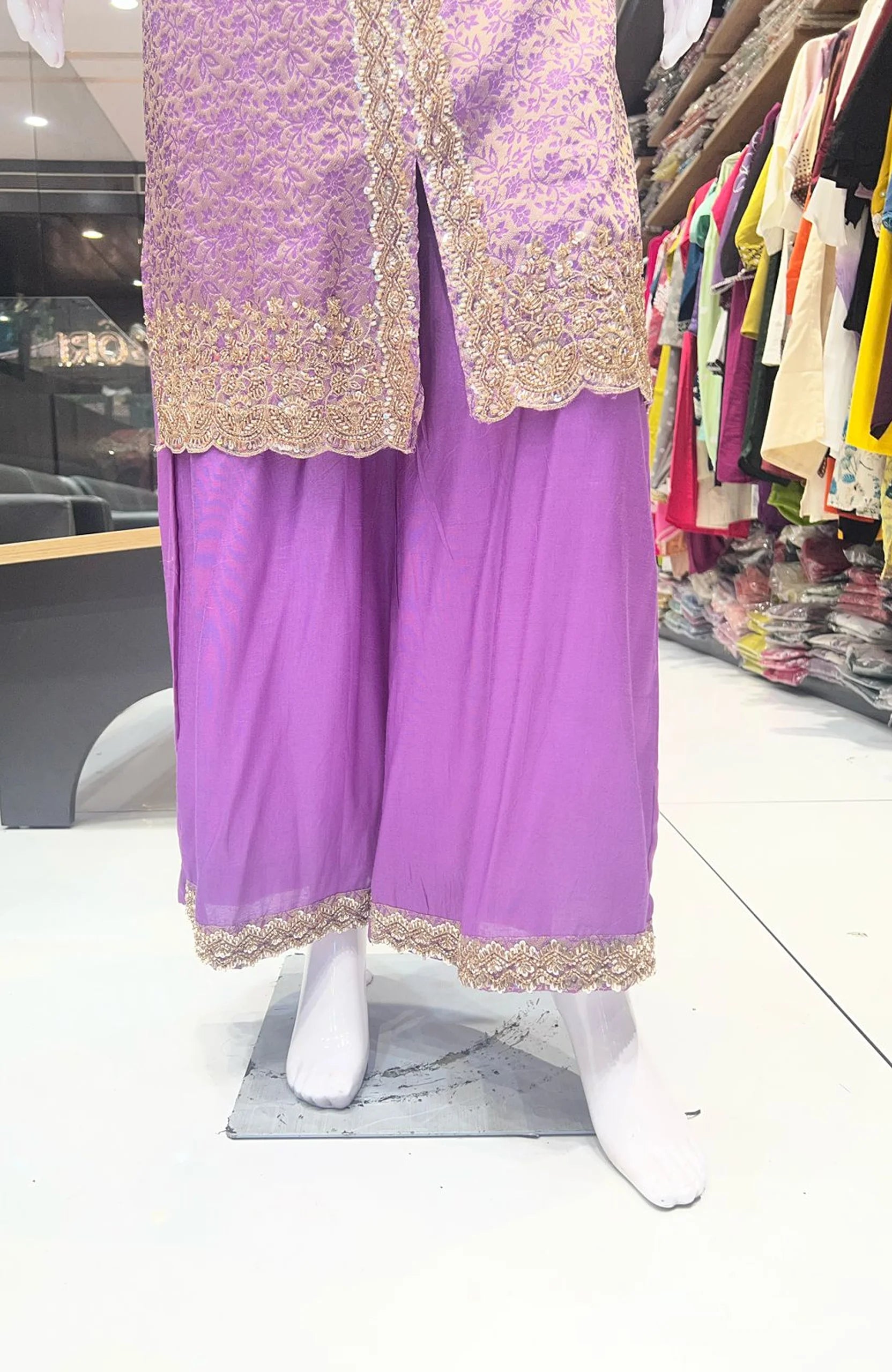 Purple Shimmer Jacquard Straight Suit Set for Women | Bead Work 3 Piece Wedding & Festive Wear