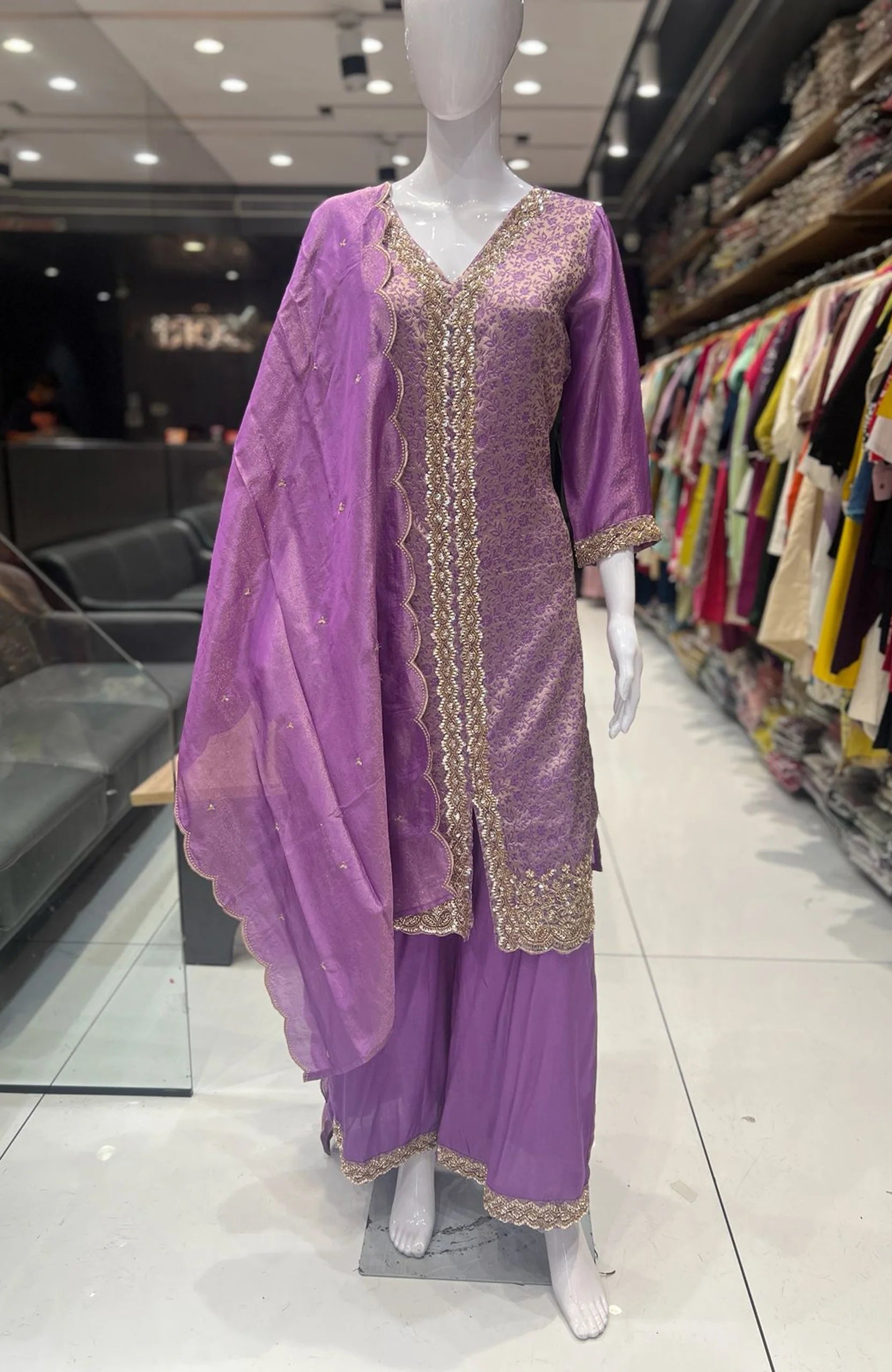 Purple Shimmer Jacquard Straight Suit Set for Women | Bead Work 3 Piece Wedding & Festive Wear