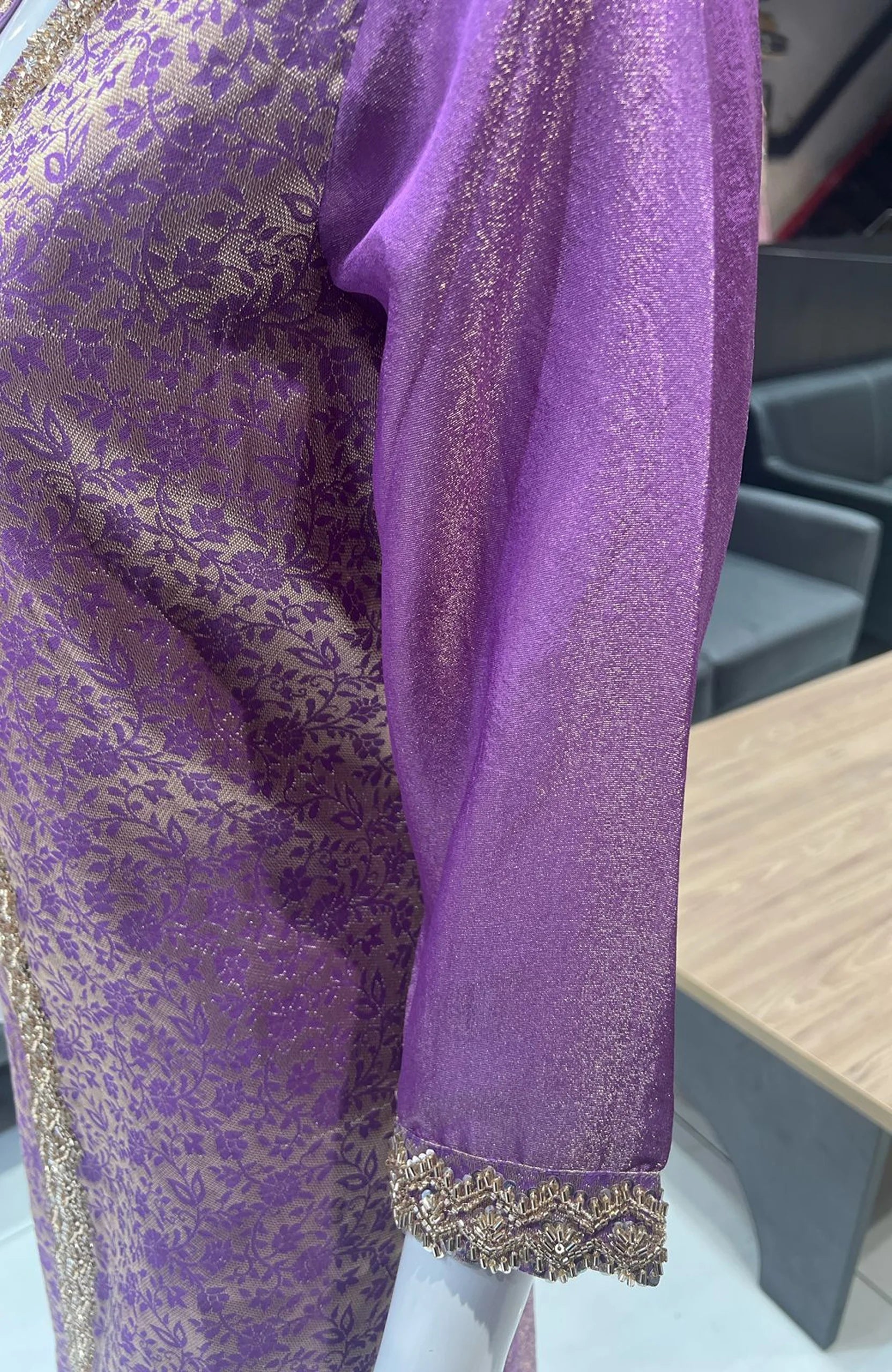 Purple Shimmer Jacquard Straight Suit Set for Women | Bead Work 3 Piece Wedding & Festive Wear