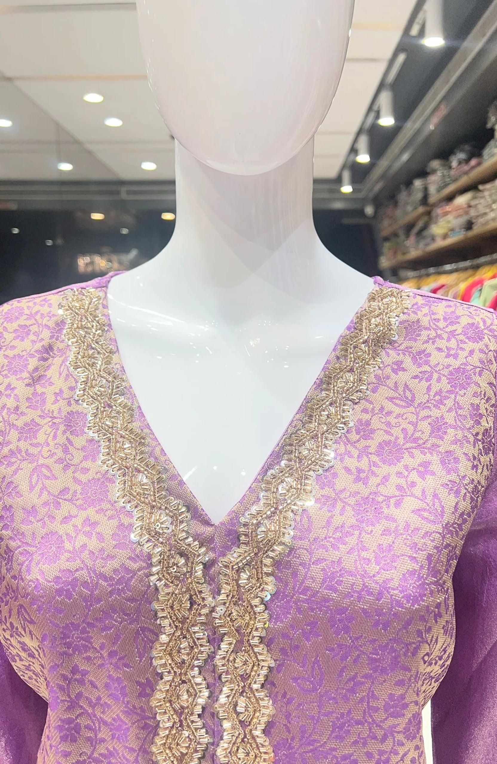 Purple Shimmer Jacquard Straight Suit Set for Women | Bead Work 3 Piece Wedding & Festive Wear