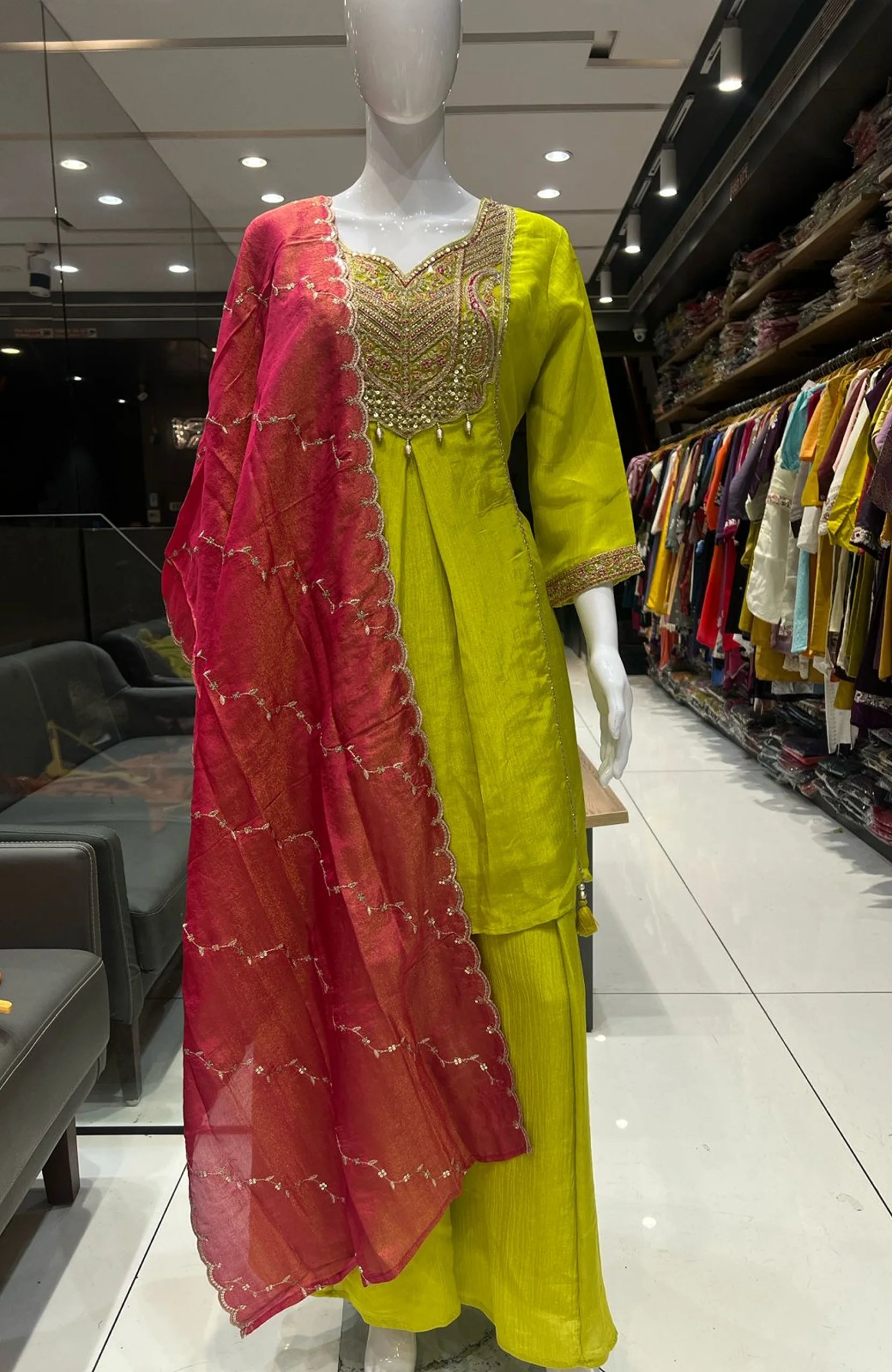 Neon Embroidered Short Anarkali Suit Set for Women | Chinon 3 Piece Festive & Party Wear