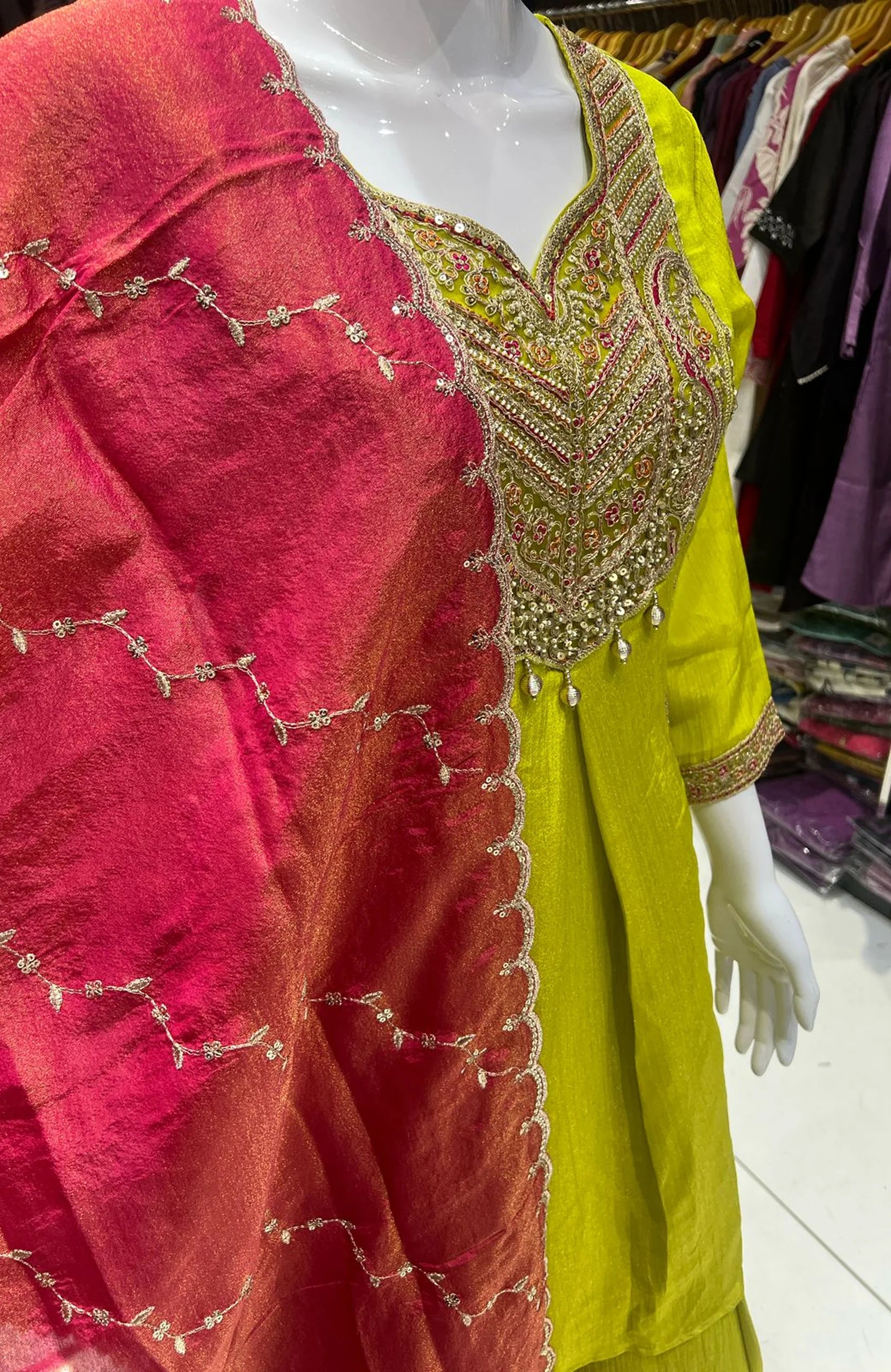 Neon Embroidered Short Anarkali Suit Set for Women | Chinon 3 Piece Festive & Party Wear