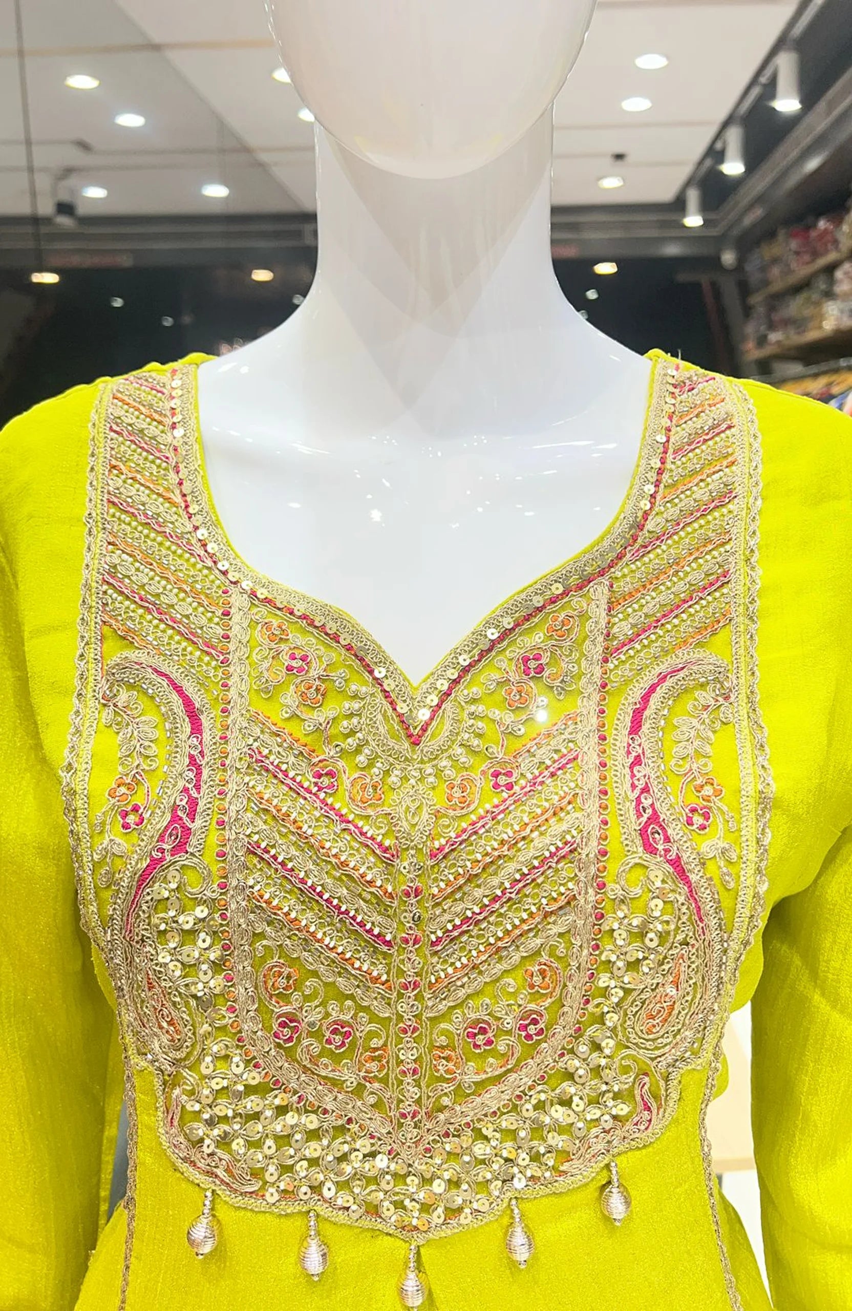 Neon Embroidered Short Anarkali Suit Set for Women | Chinon 3 Piece Festive & Party Wear