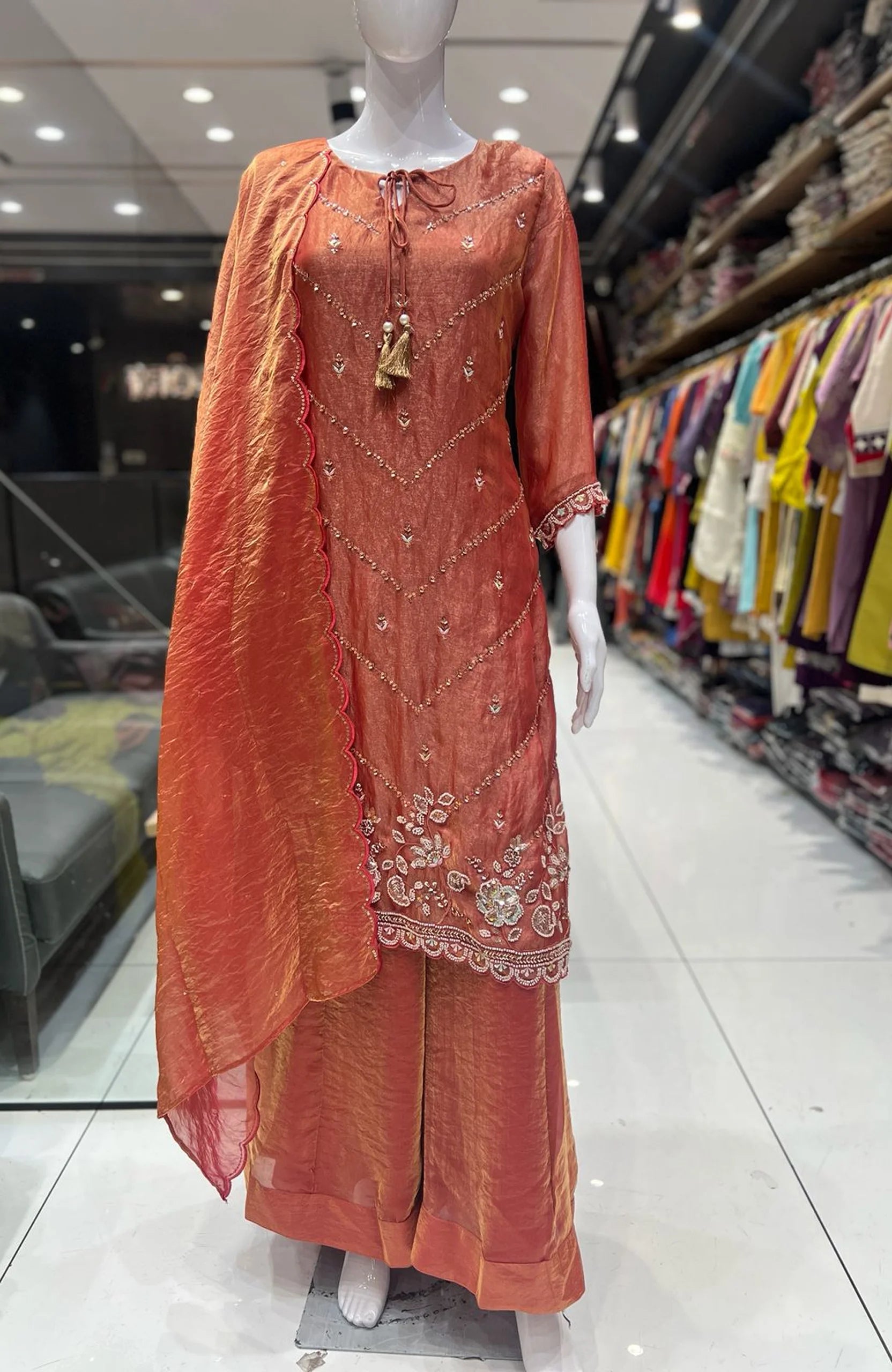Gajri Frendy Fabric 3 Piece Suit Set for Women | Bead Work Straight Suit Elegant Ethnic Wear