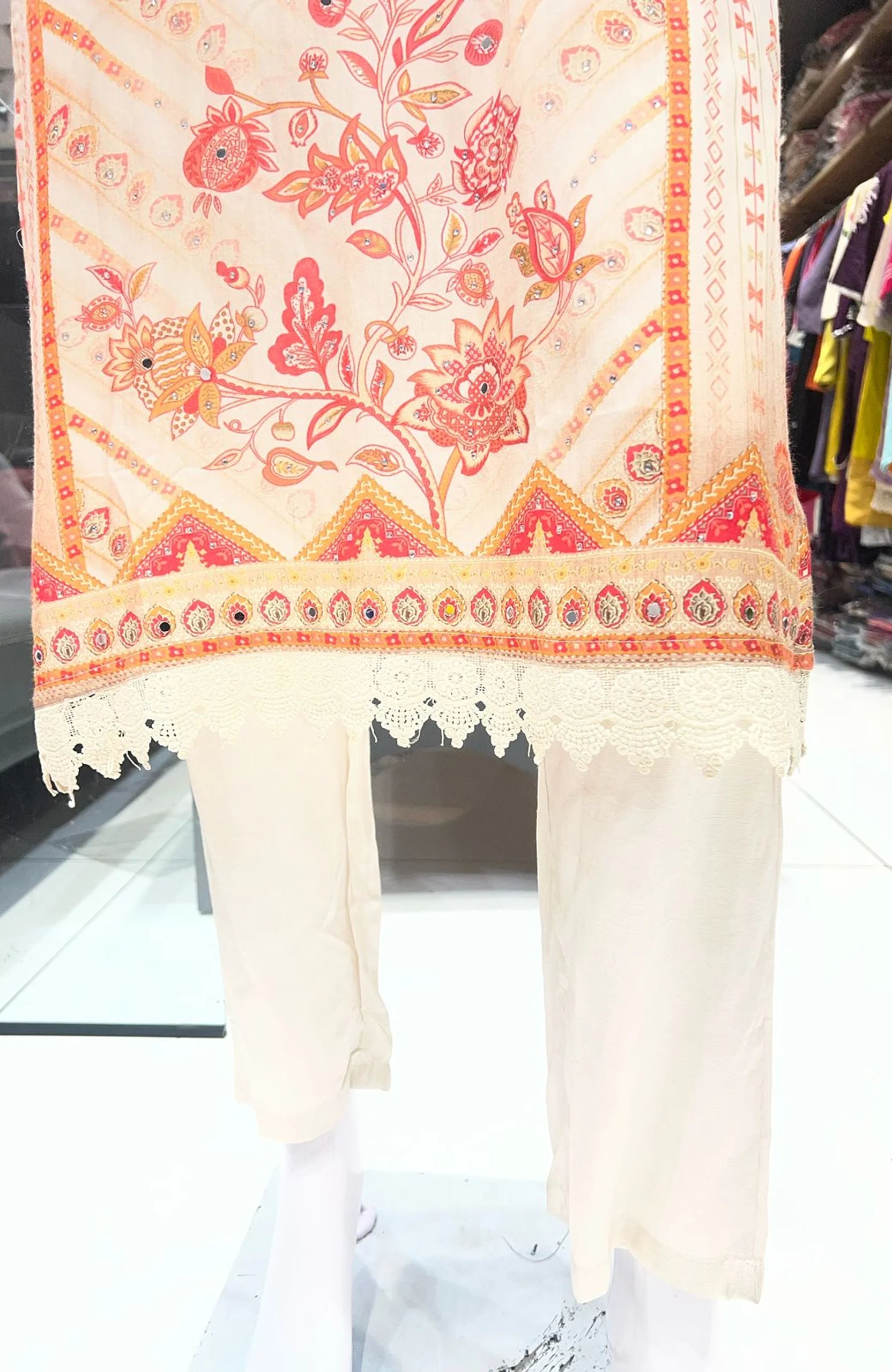 Cream Mirror Work Straight Suit Set for Women | Natural Crepe 3 Piece Ethnic Wear with Dupatta