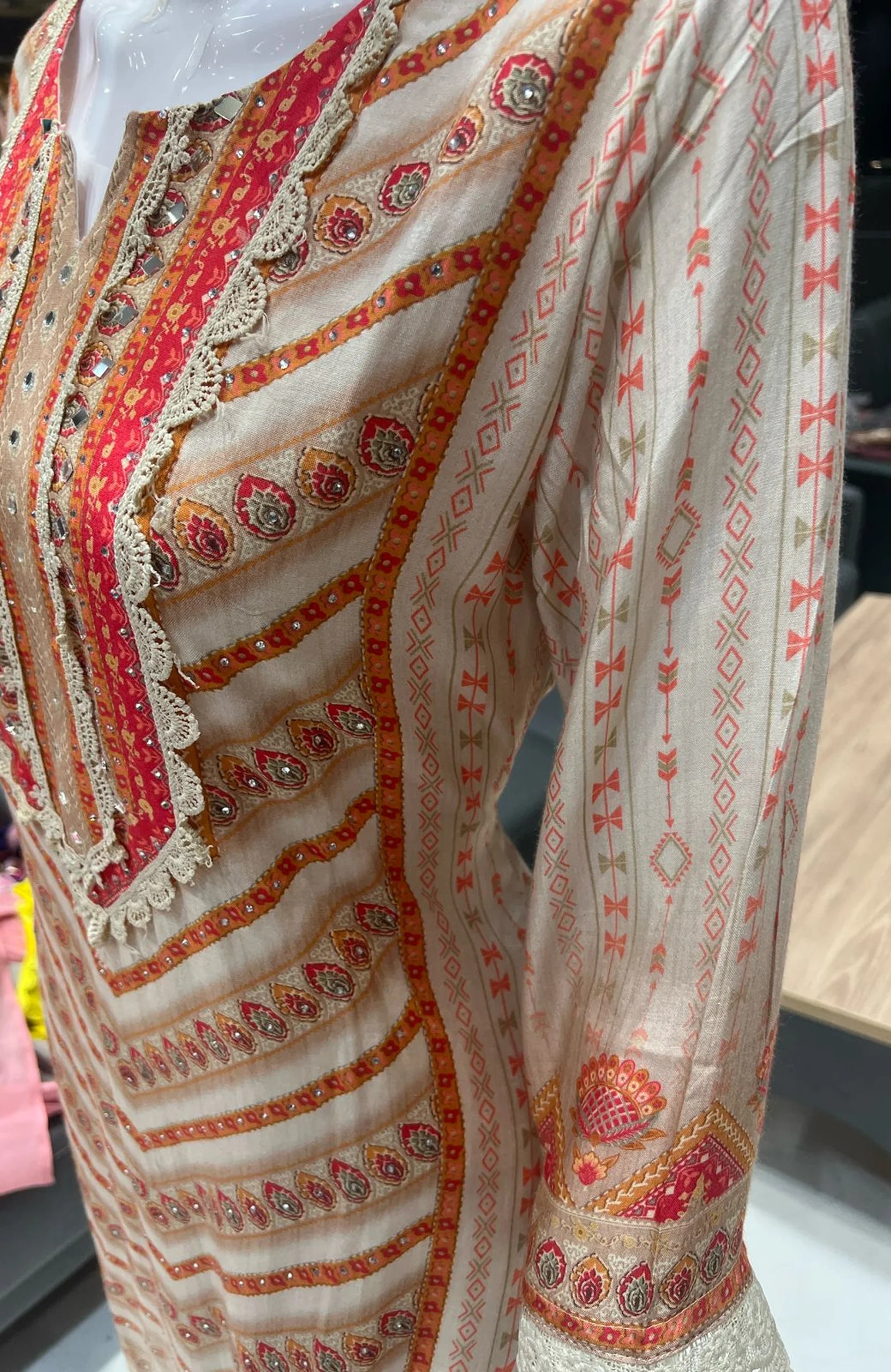 Cream Mirror Work Straight Suit Set for Women | Natural Crepe 3 Piece Ethnic Wear with Dupatta