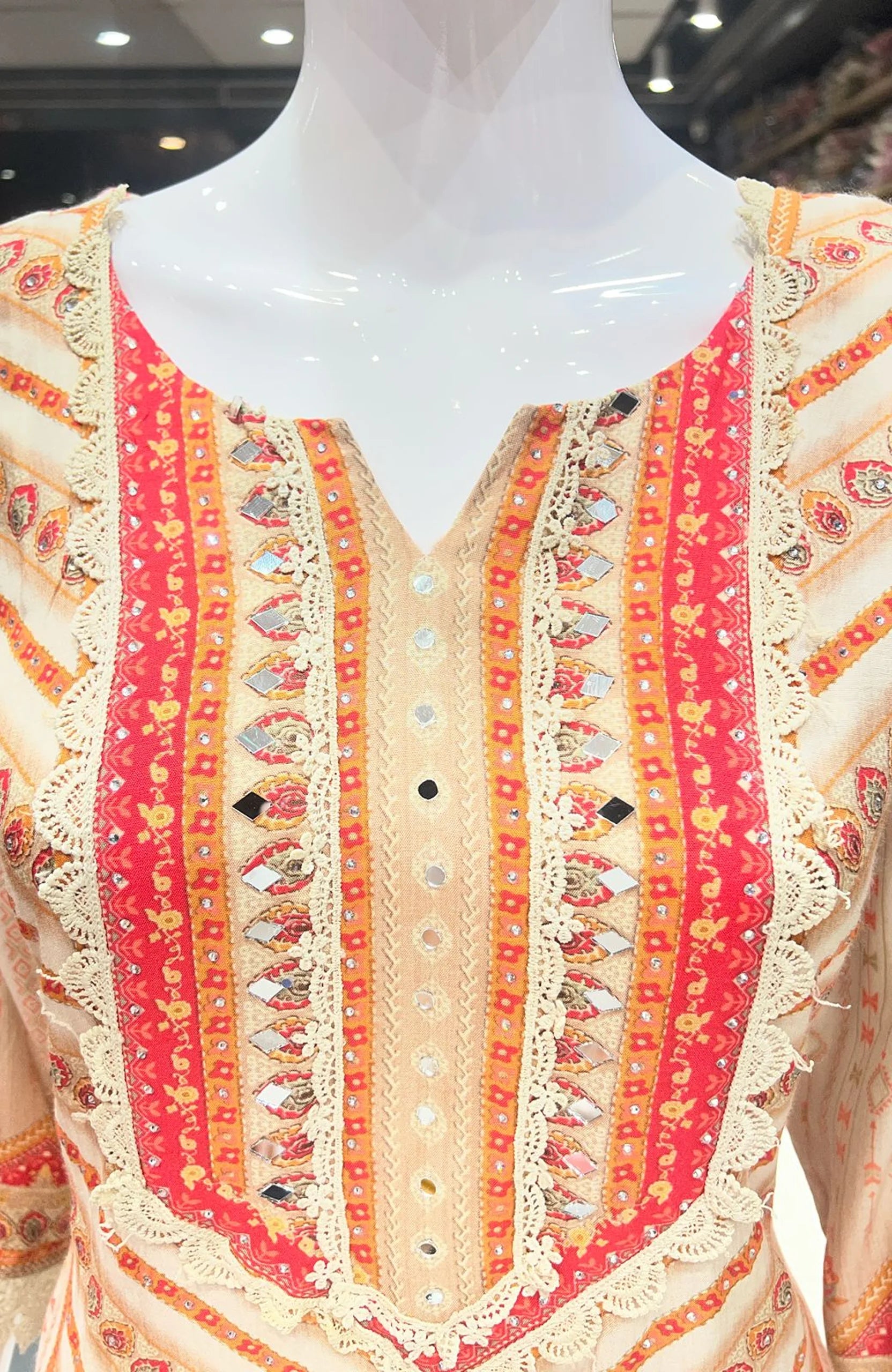 Cream Mirror Work Straight Suit Set for Women | Natural Crepe 3 Piece Ethnic Wear with Dupatta
