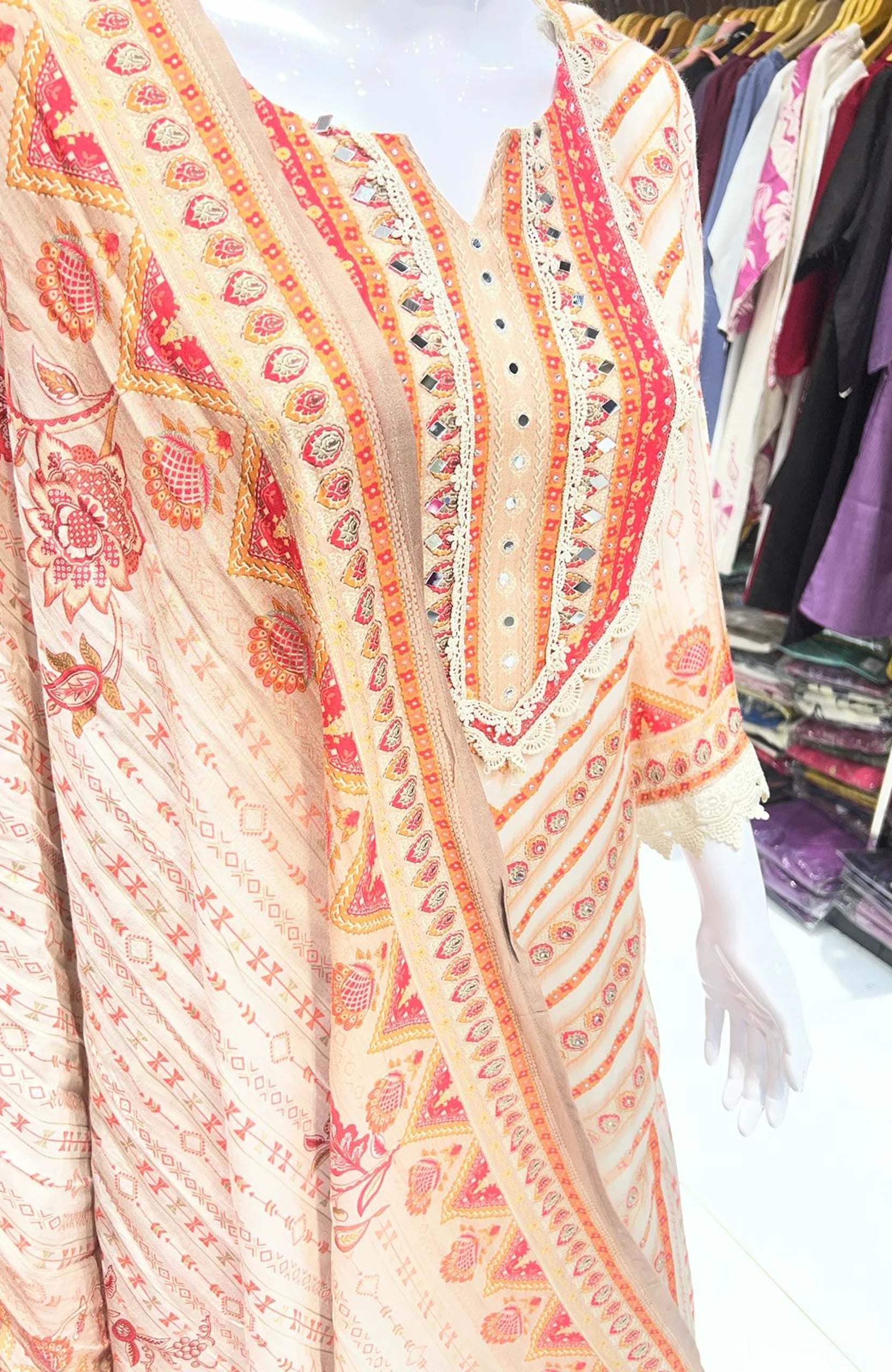 Cream Mirror Work Straight Suit Set for Women | Natural Crepe 3 Piece Ethnic Wear with Dupatta