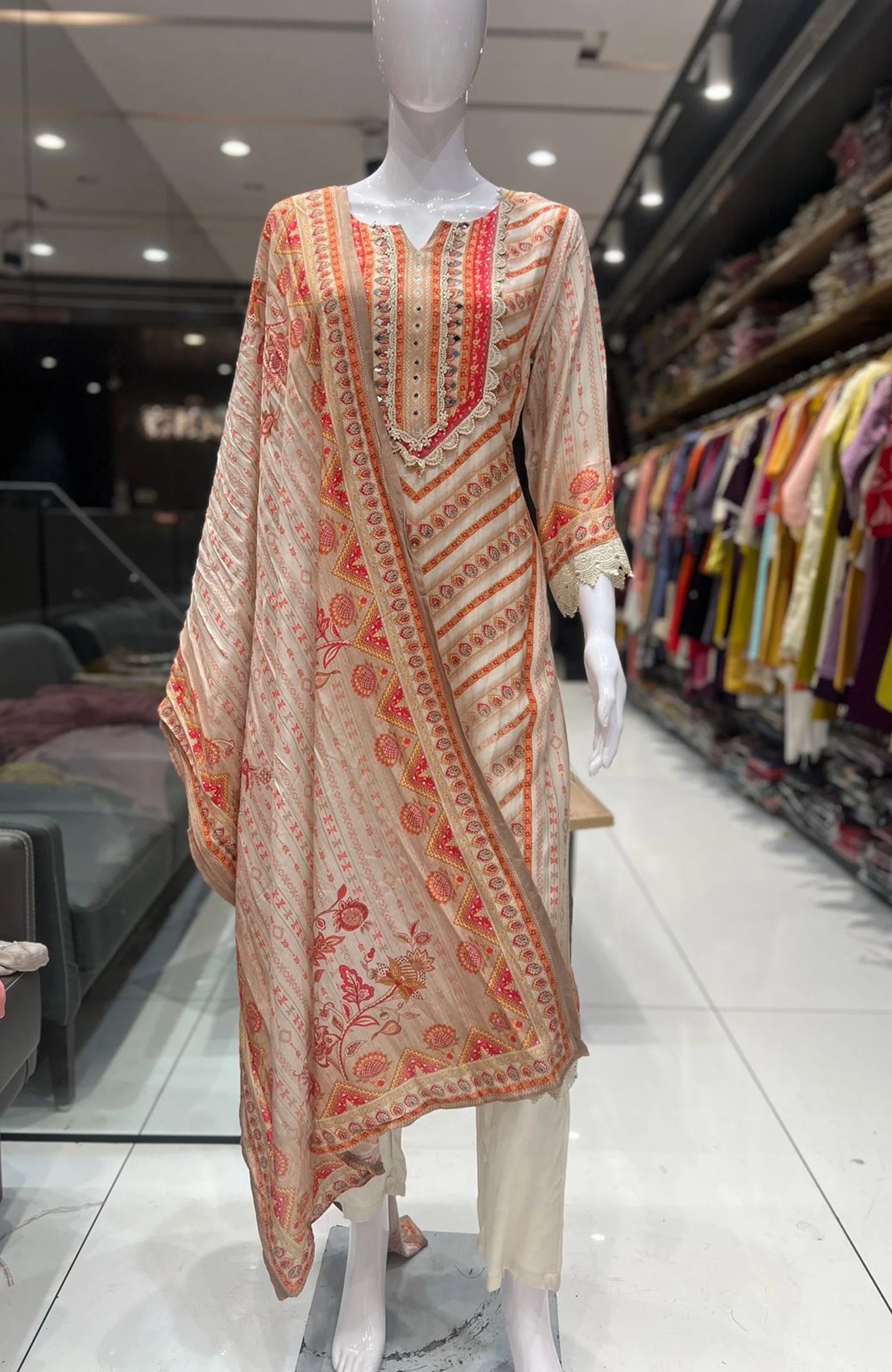 Cream Mirror Work Straight Suit Set for Women | Natural Crepe 3 Piece Ethnic Wear with Dupatta