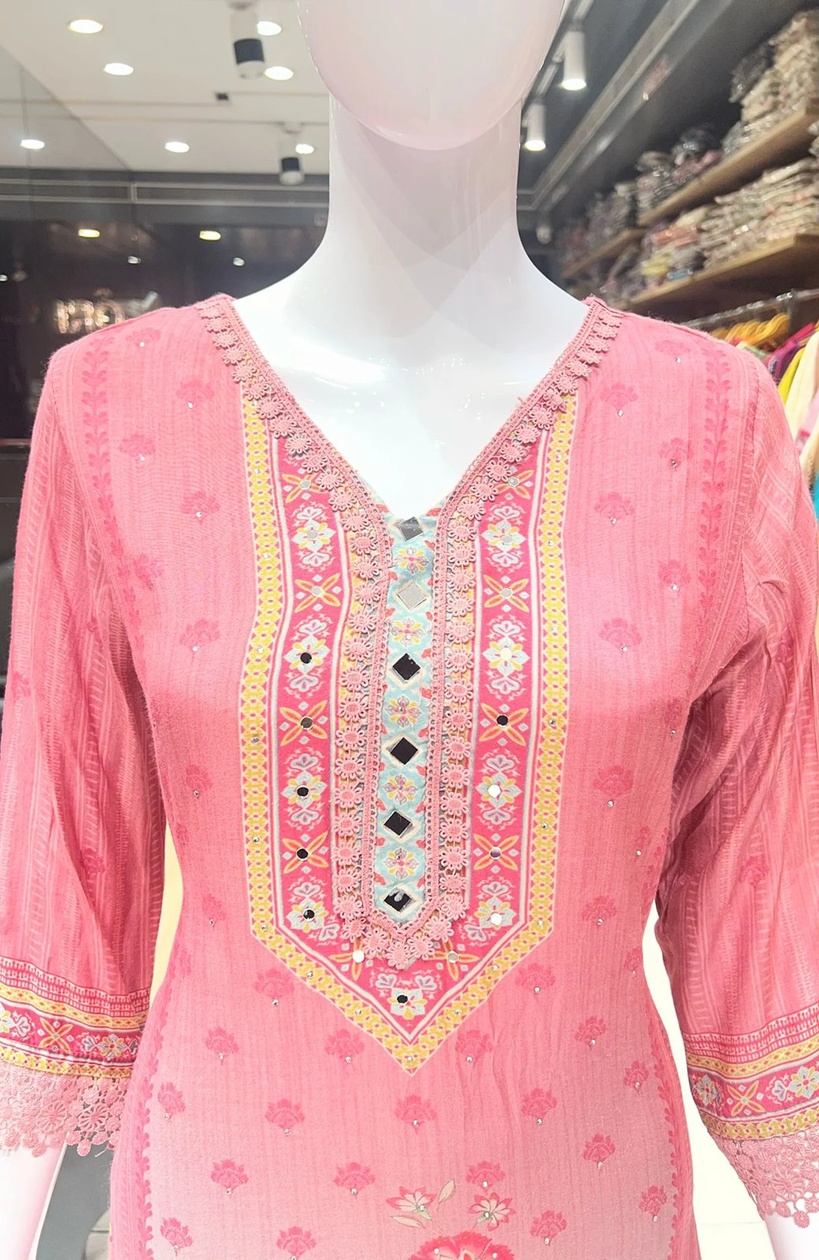 Baby Pink Natural Crepe Mirror Work 3 Piece Suit Set for Women | Lace Work Straight Ethnic Wear