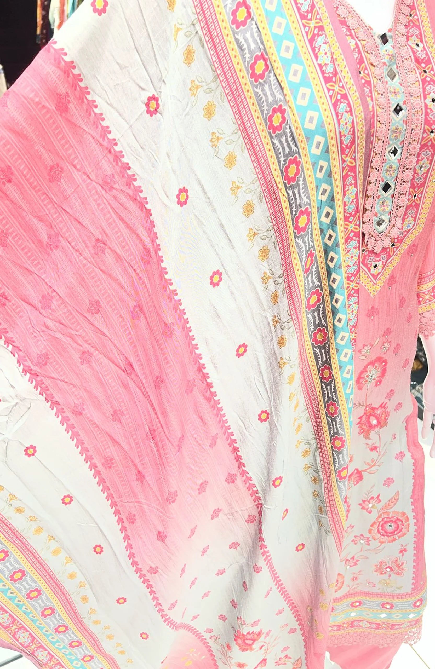 Baby Pink Natural Crepe Mirror Work 3 Piece Suit Set for Women | Lace Work Straight Ethnic Wear