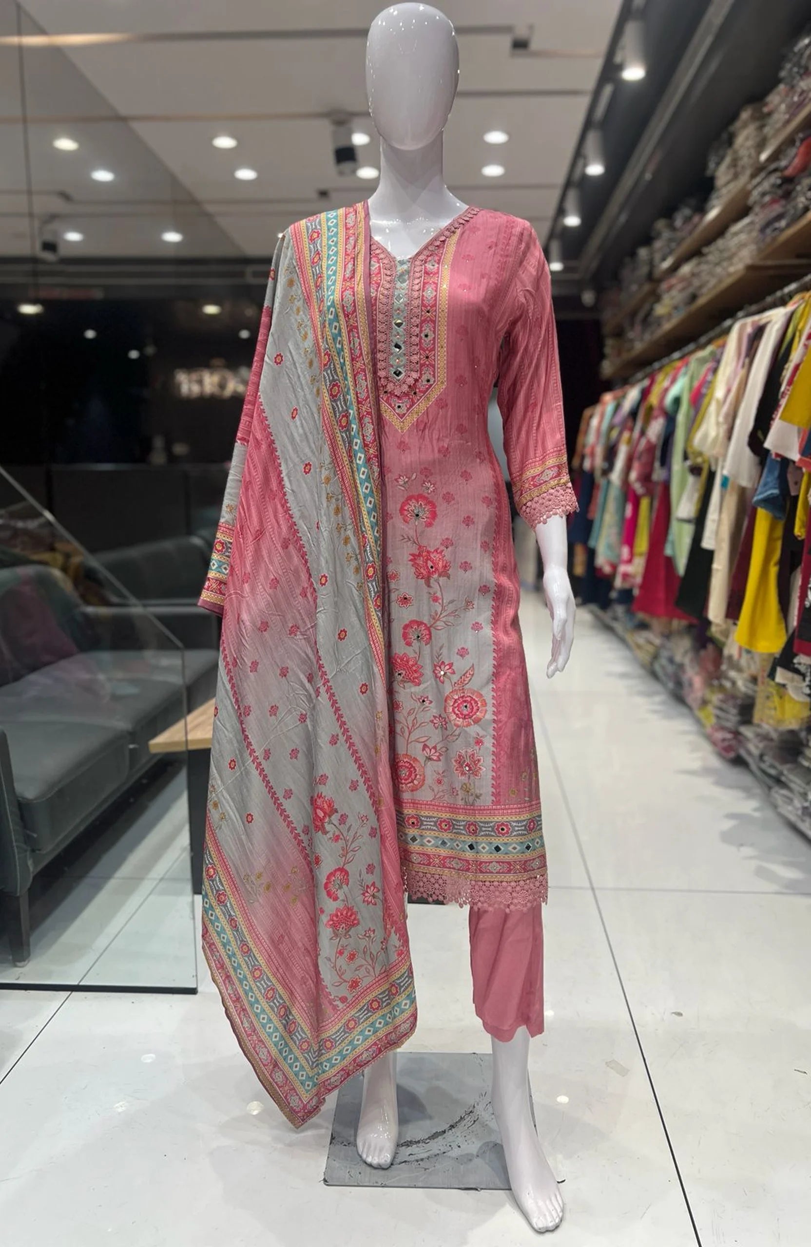 Baby Pink Natural Crepe Mirror Work 3 Piece Suit Set for Women | Lace Work Straight Ethnic Wear