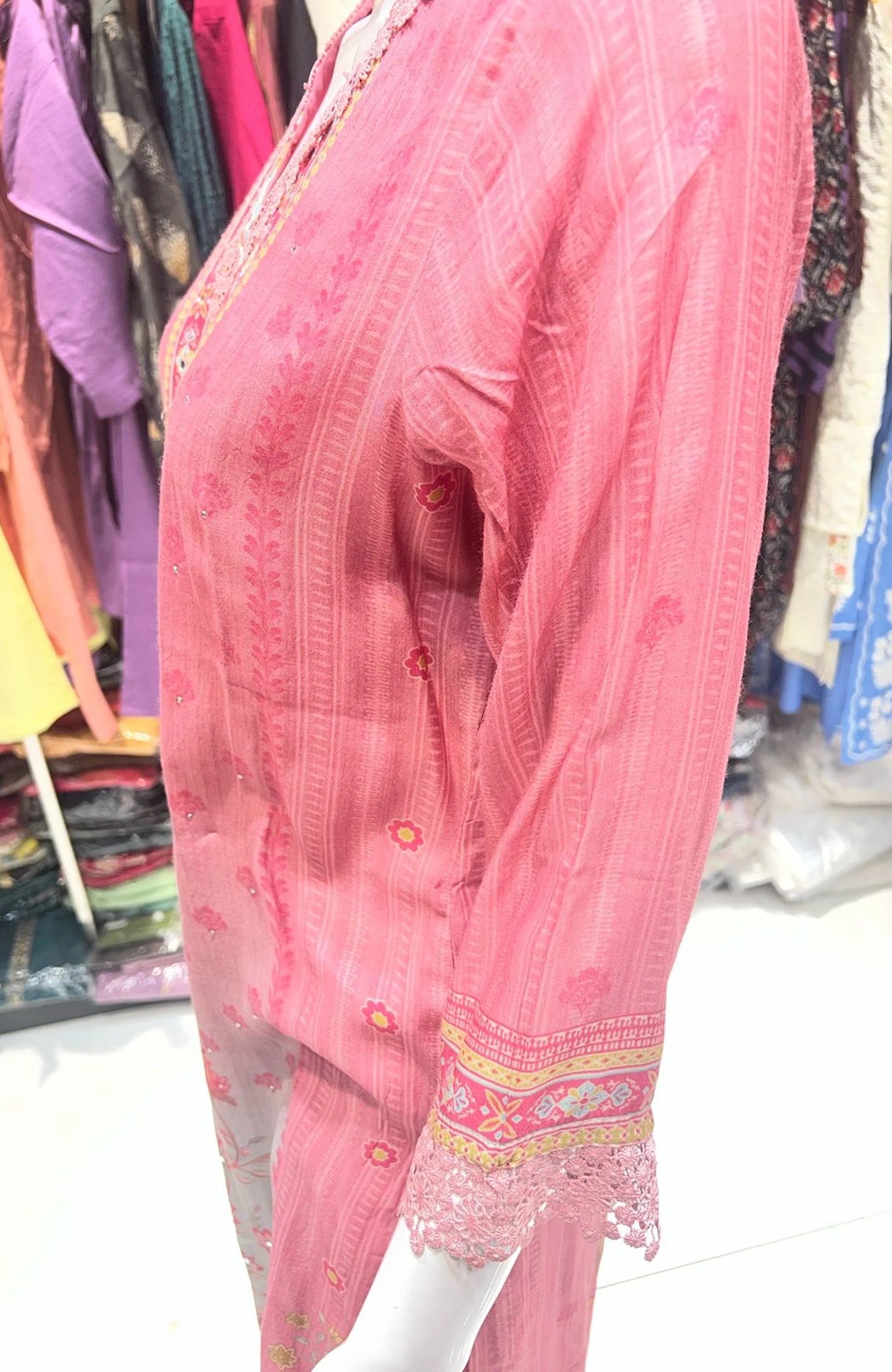 Baby Pink Natural Crepe Mirror Work 3 Piece Suit Set for Women | Lace Work Straight Ethnic Wear