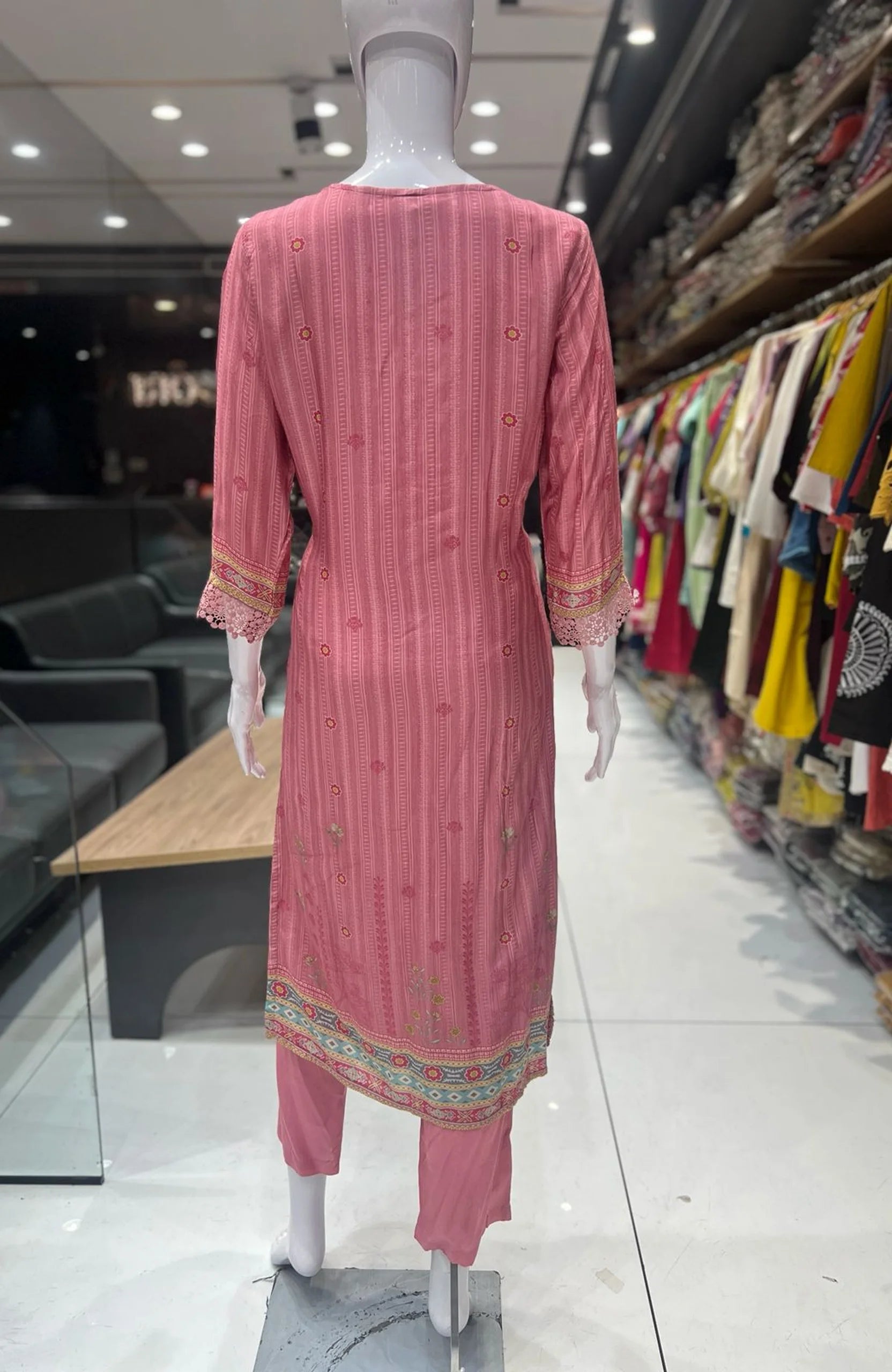 Baby Pink Natural Crepe Mirror Work 3 Piece Suit Set for Women | Lace Work Straight Ethnic Wear