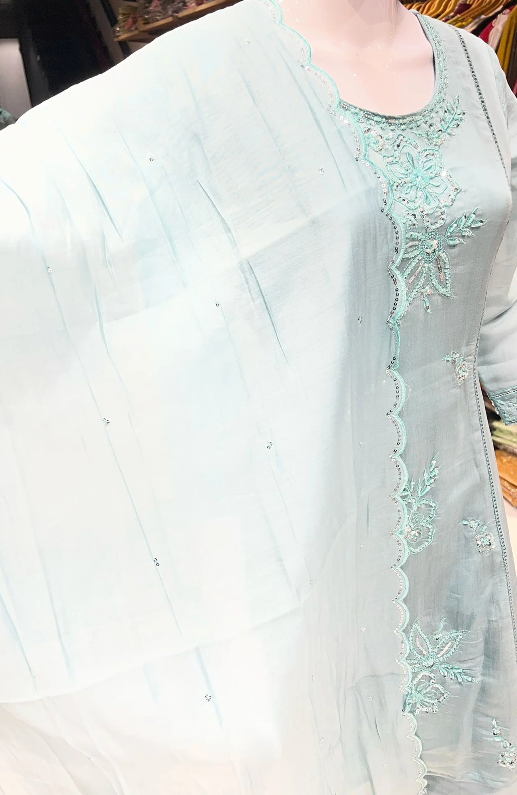 Sky Blue Organza Bead Work 3 Piece Anarkali Suit Set for Women | Elegant Short Anarkali Ethnic Wear
