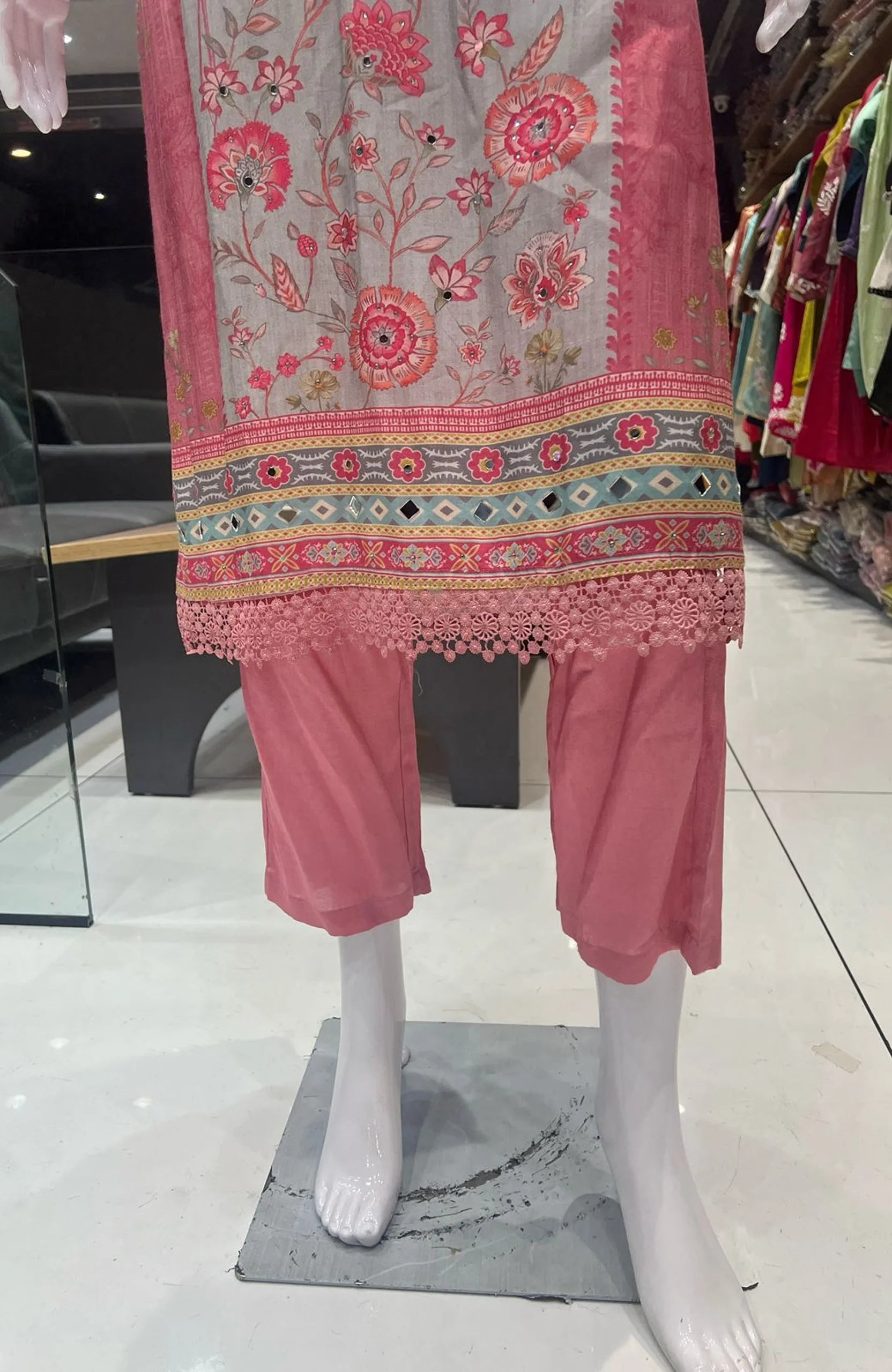 Baby Pink Natural Crepe Mirror Work 3 Piece Suit Set for Women | Lace Work Straight Ethnic Wear