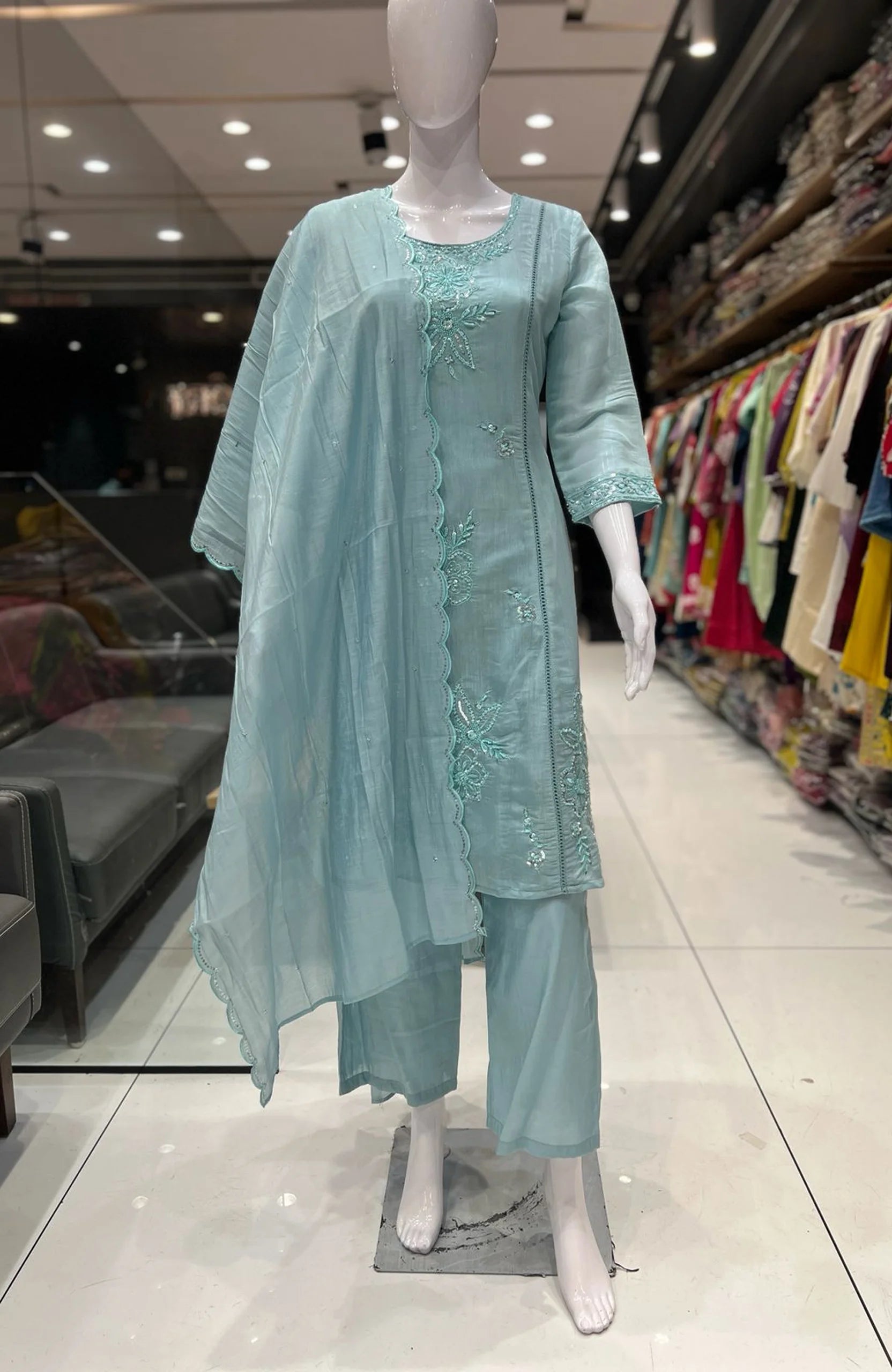 Sky Blue Organza Bead Work 3 Piece Anarkali Suit Set for Women | Elegant Short Anarkali Ethnic Wear
