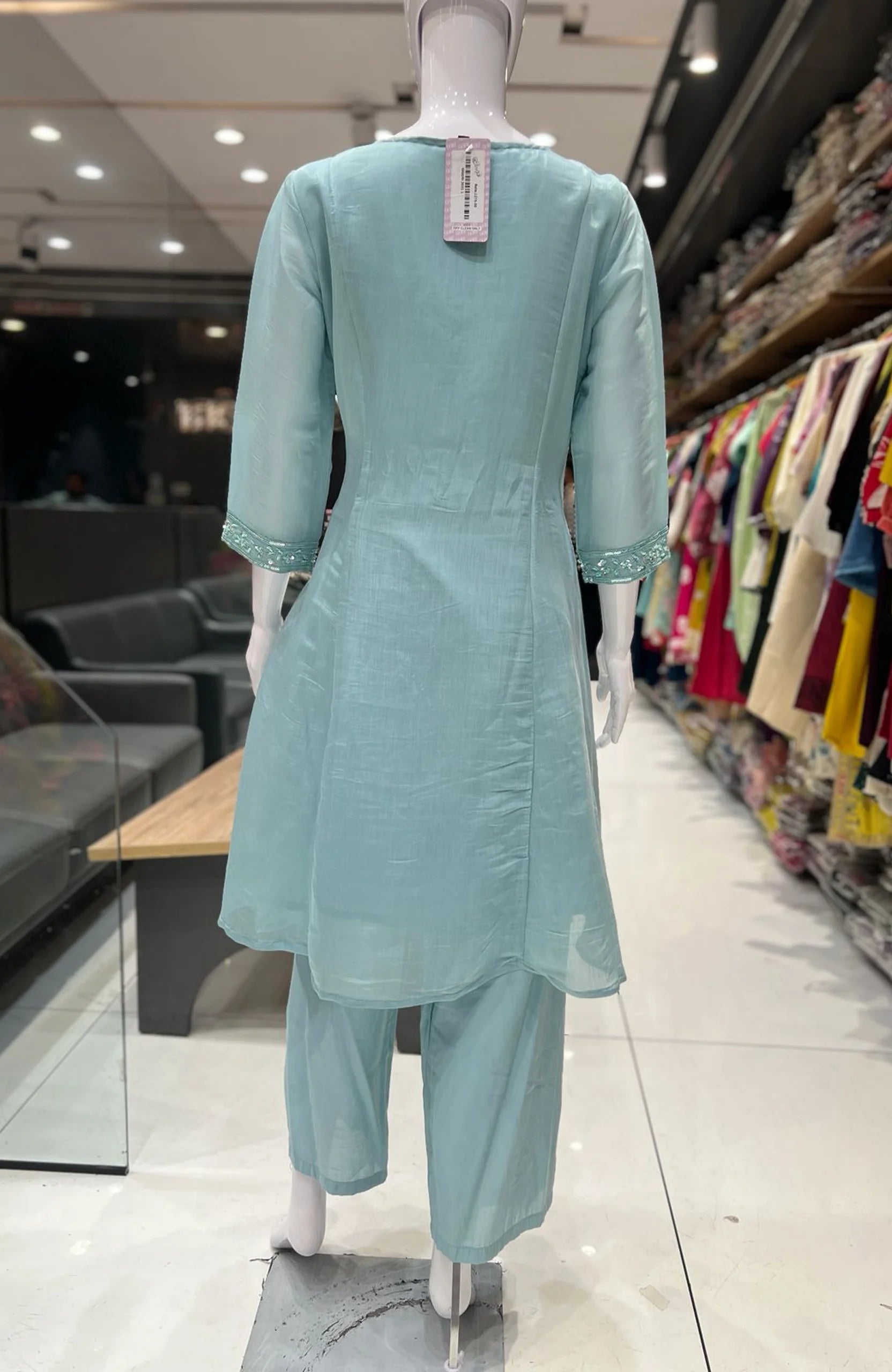 Sky Blue Organza Bead Work 3 Piece Anarkali Suit Set for Women | Elegant Short Anarkali Ethnic Wear