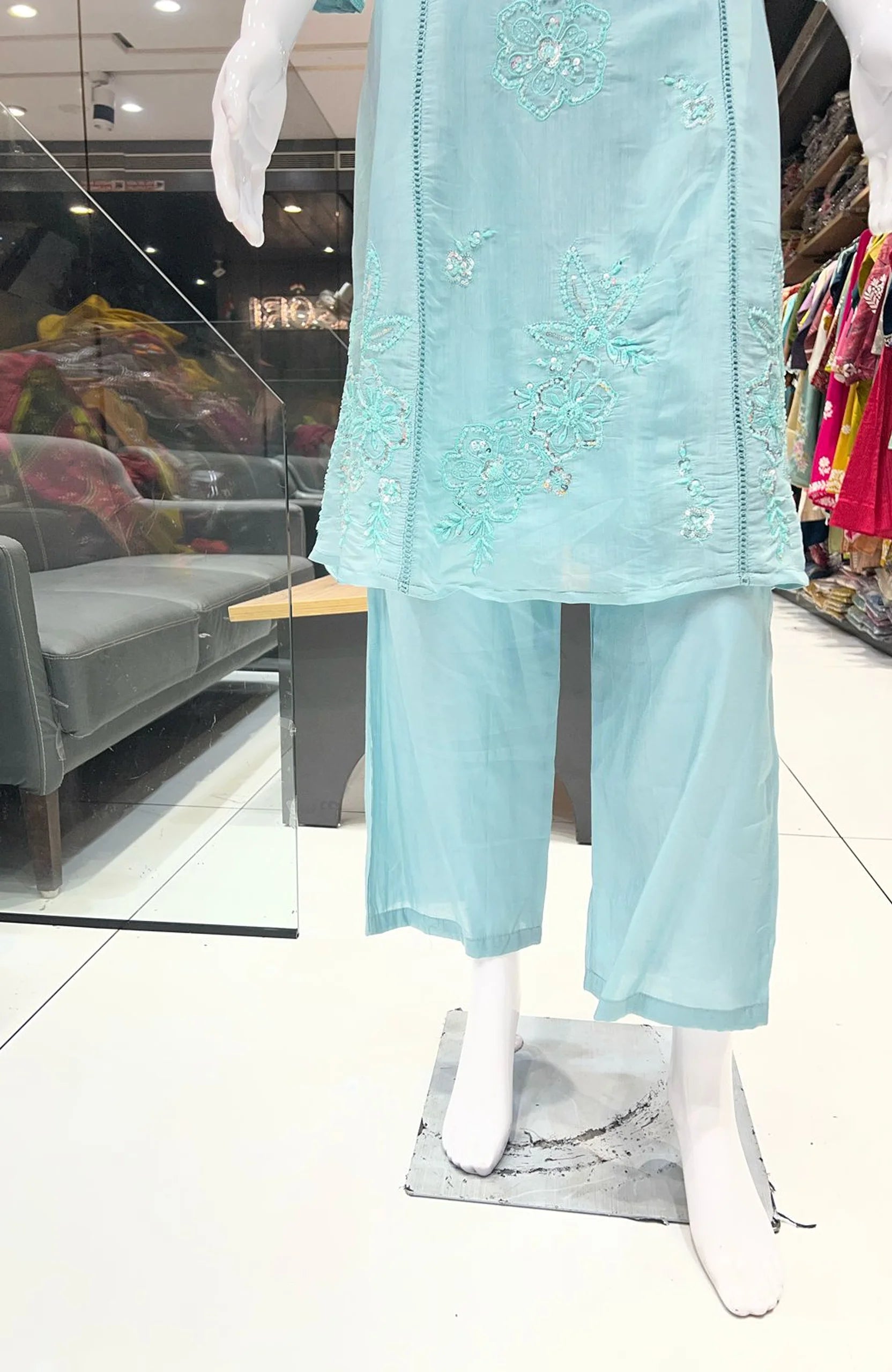Sky Blue Organza Bead Work 3 Piece Anarkali Suit Set for Women | Elegant Short Anarkali Ethnic Wear