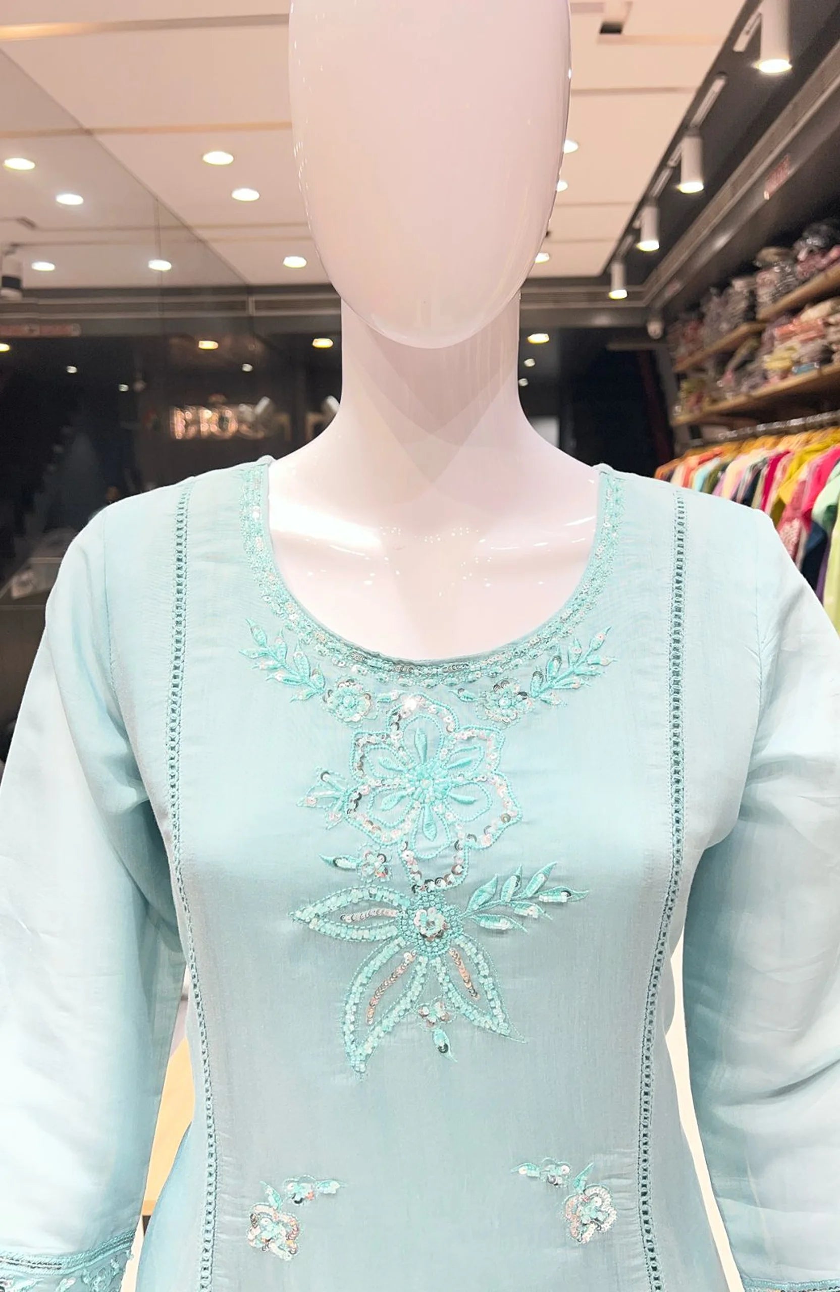 Sky Blue Organza Bead Work 3 Piece Anarkali Suit Set for Women | Elegant Short Anarkali Ethnic Wear