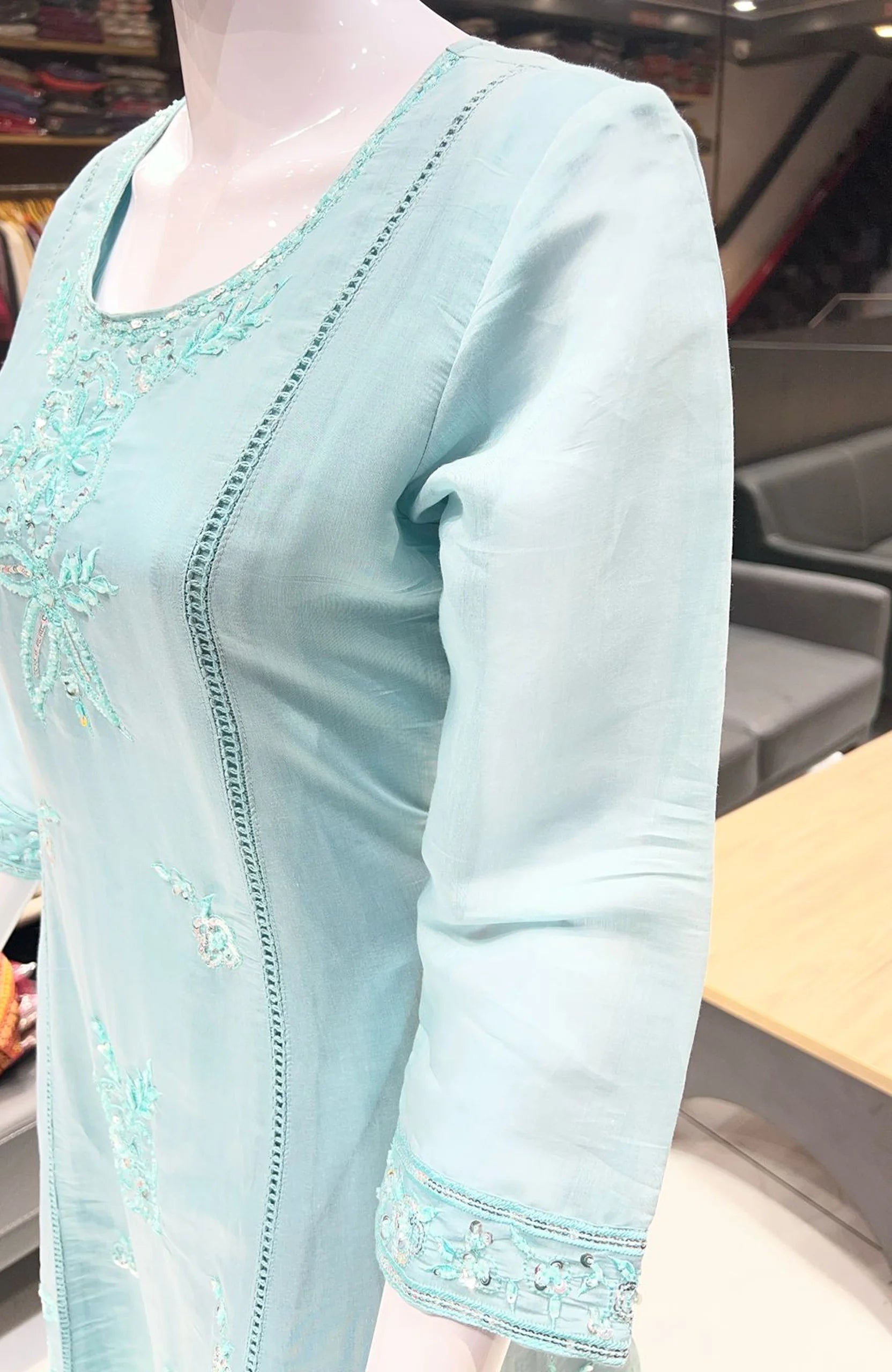 Sky Blue Organza Bead Work 3 Piece Anarkali Suit Set for Women | Elegant Short Anarkali Ethnic Wear