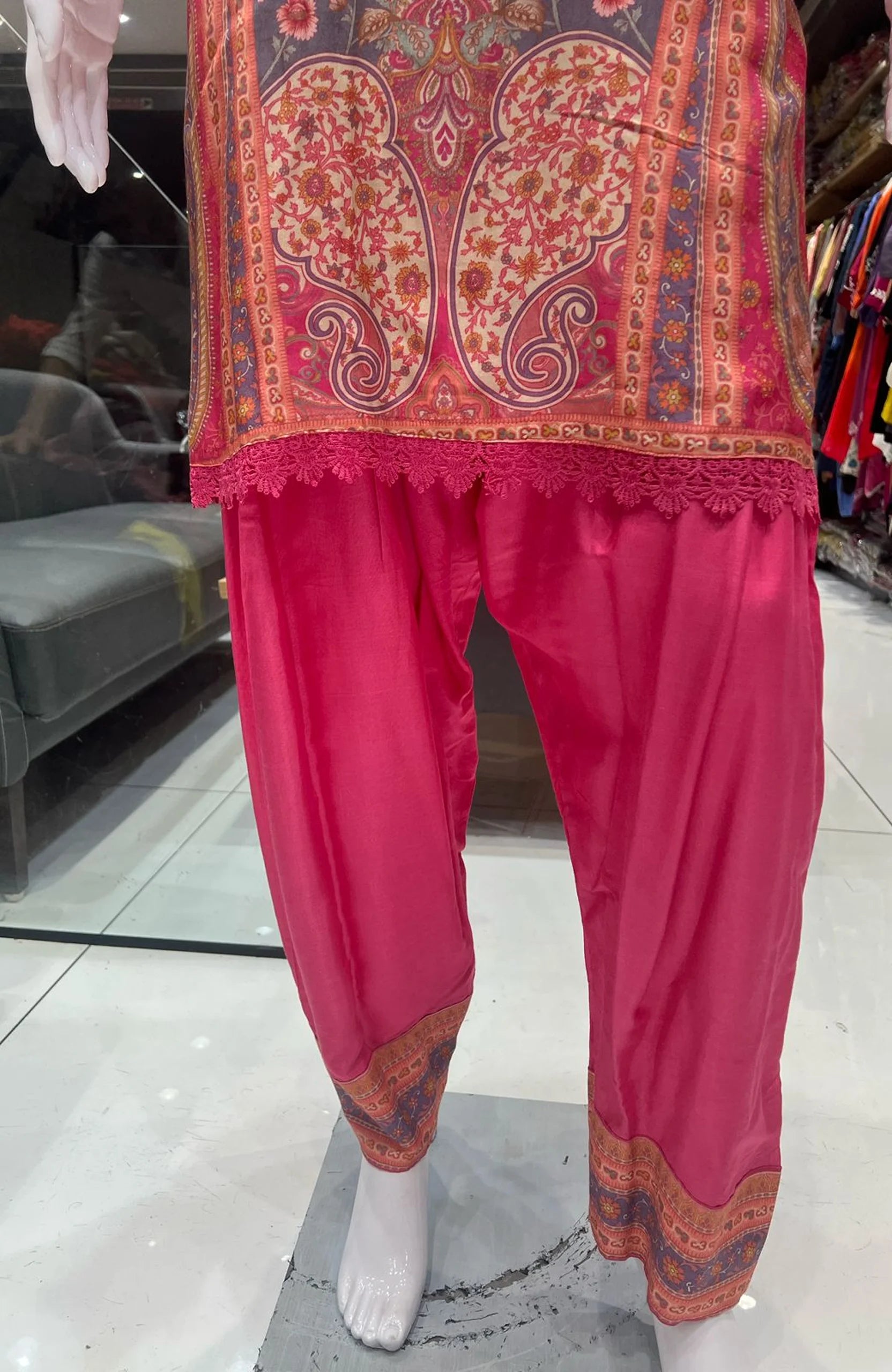 Dark Pink Crepe Straight Suit Set for Women | Mirror & Lace Work Designer Ethnic Wear