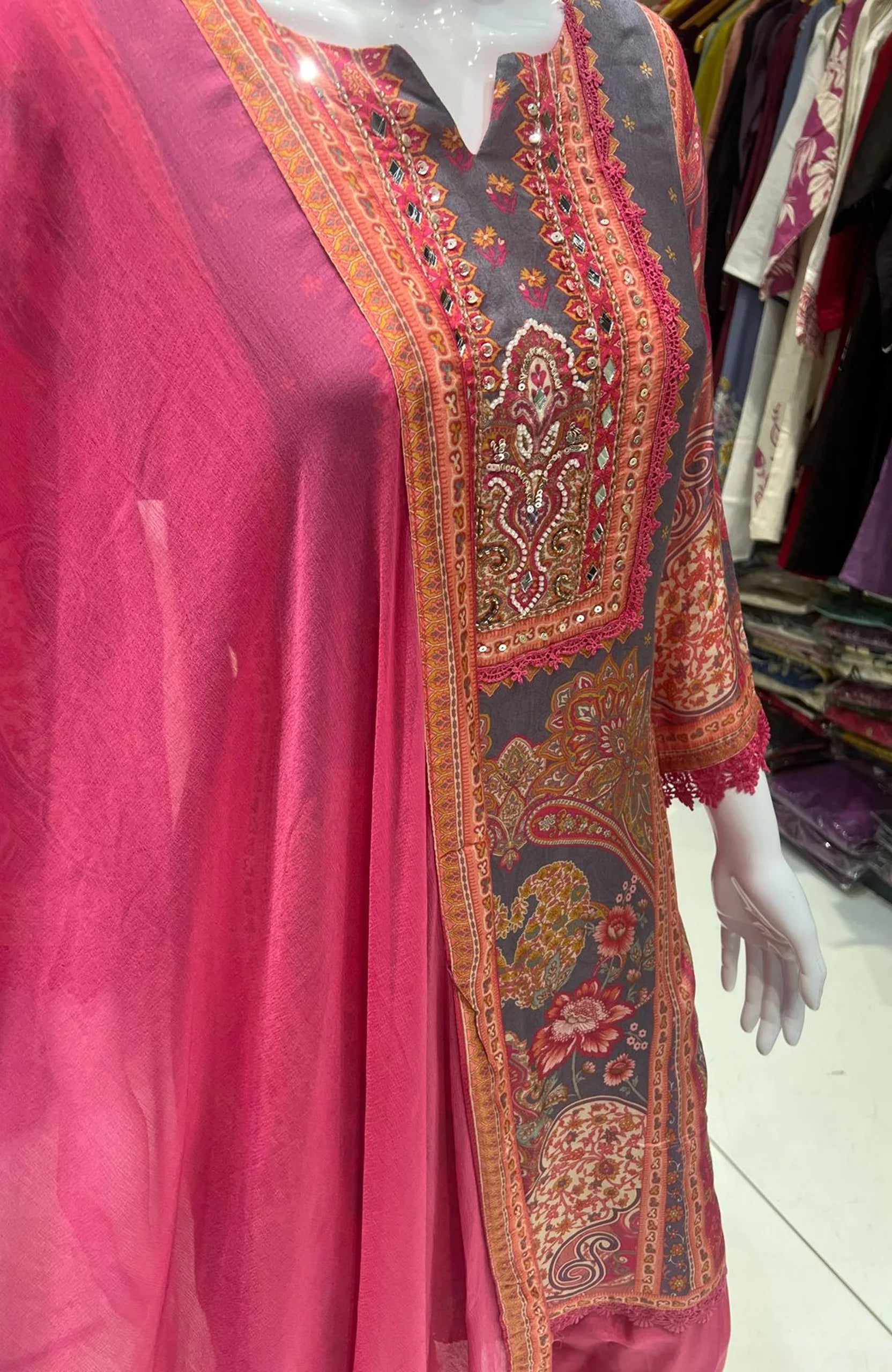 Dark Pink Crepe Straight Suit Set for Women | Mirror & Lace Work Designer Ethnic Wear