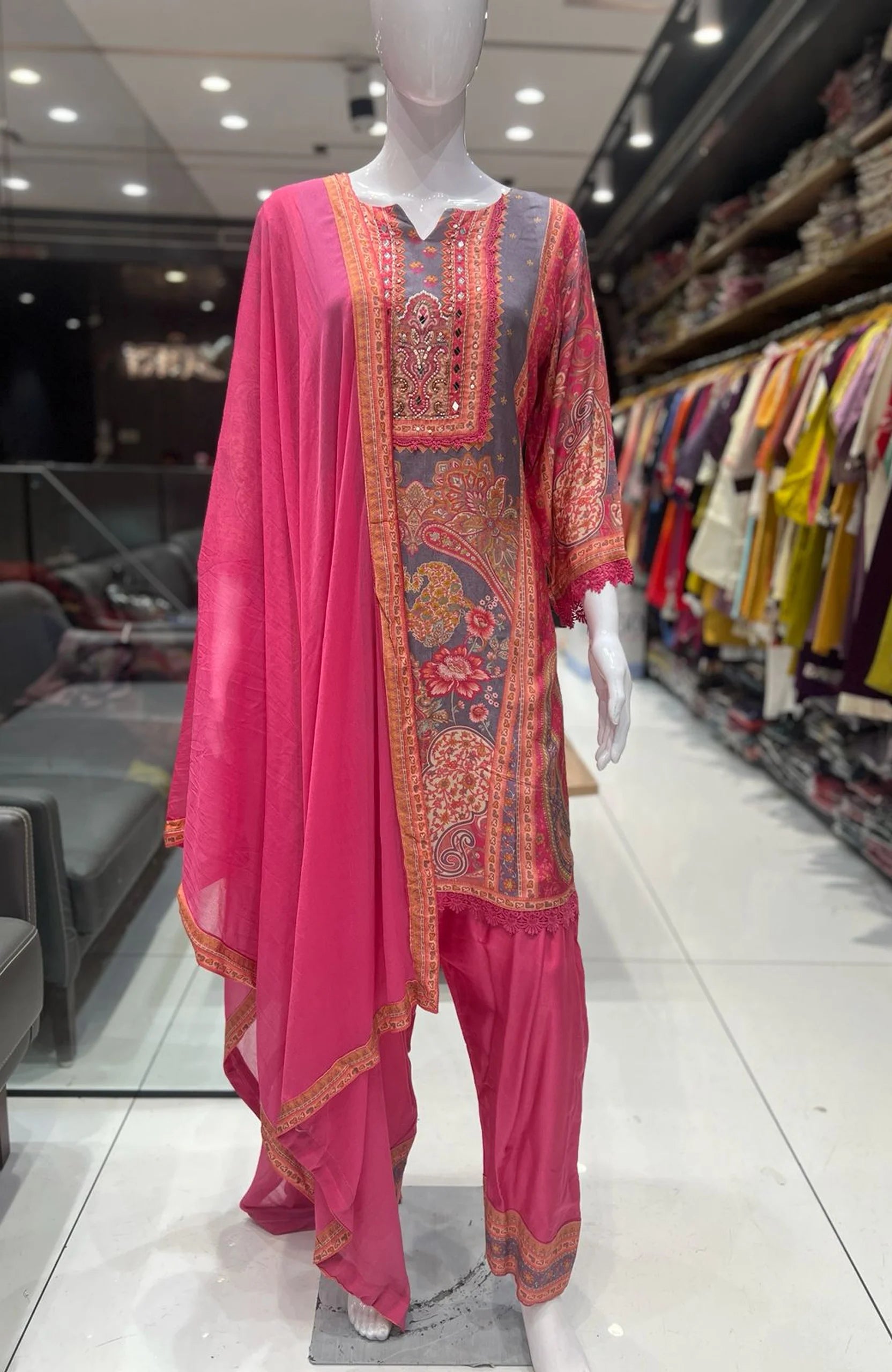 Dark Pink Crepe Straight Suit Set for Women | Mirror & Lace Work Designer Ethnic Wear