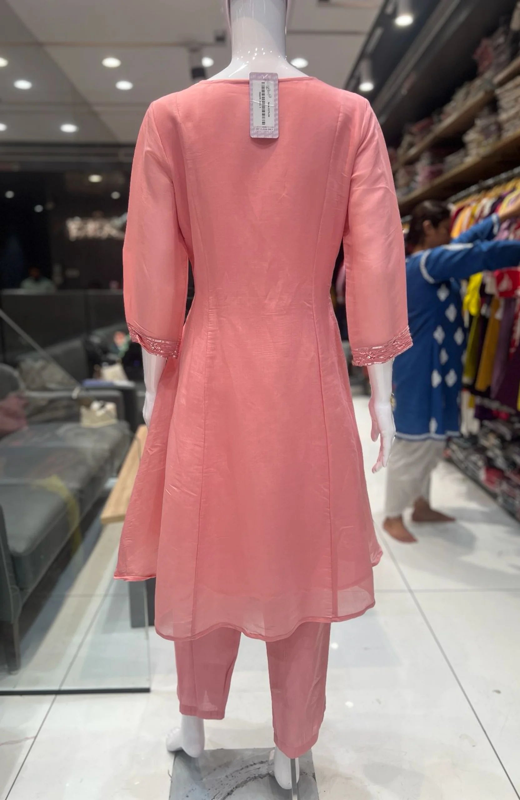 Baby Pink Organza Short Anarkali Suit Set for Women | Bead Work 3 Piece Elegant Party Wear