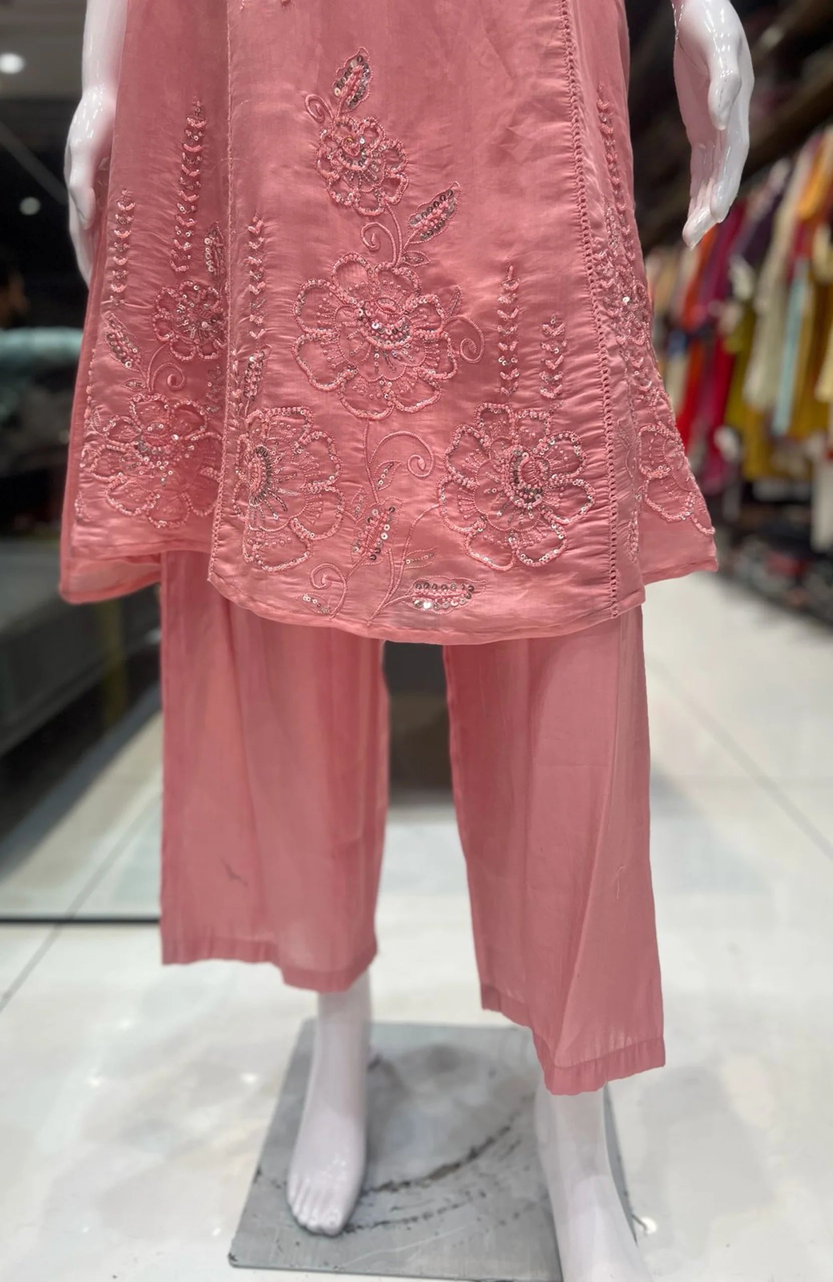 Baby Pink Organza Short Anarkali Suit Set for Women | Bead Work 3 Piece Elegant Party Wear