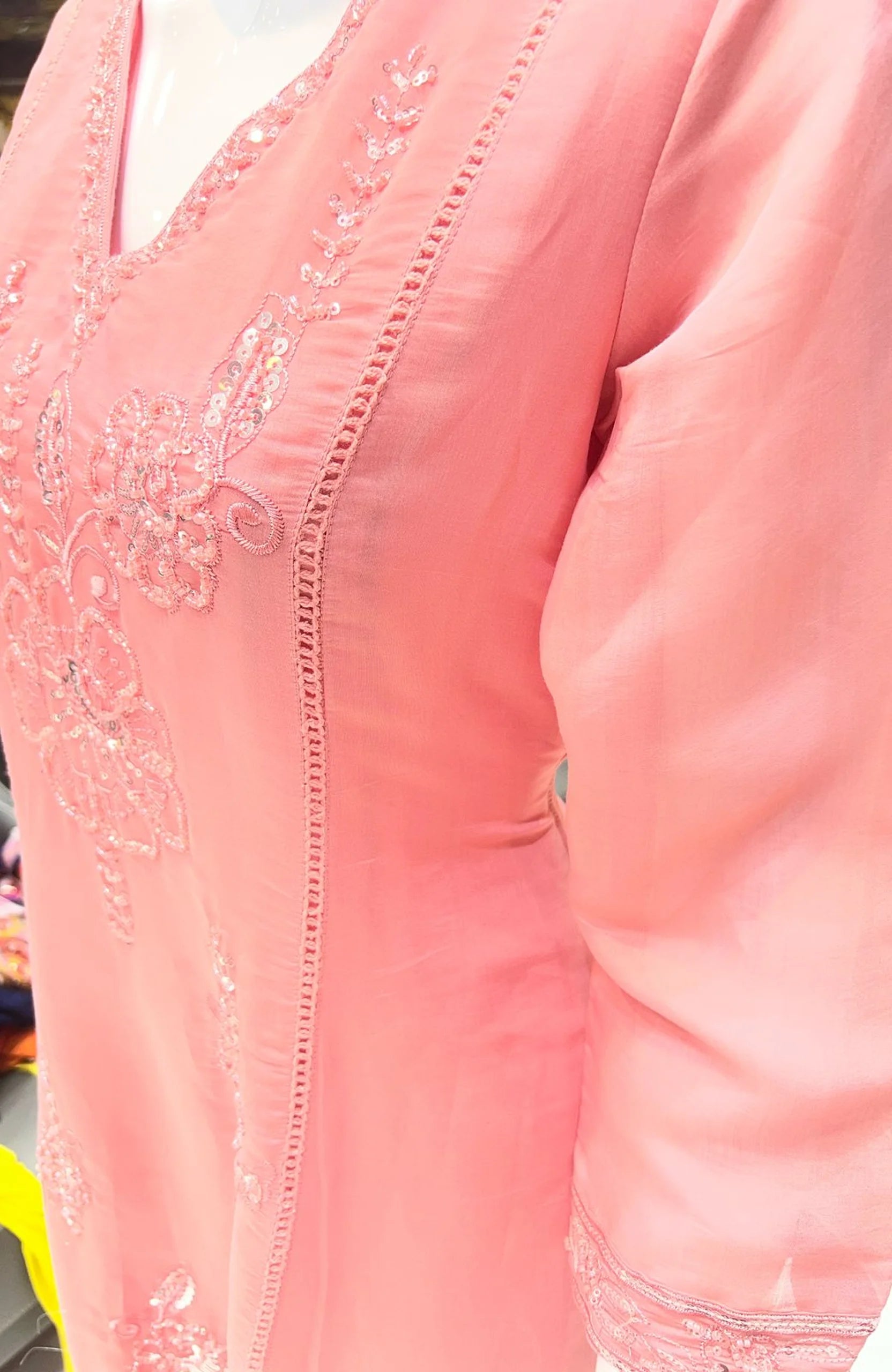 Baby Pink Organza Short Anarkali Suit Set for Women | Bead Work 3 Piece Elegant Party Wear