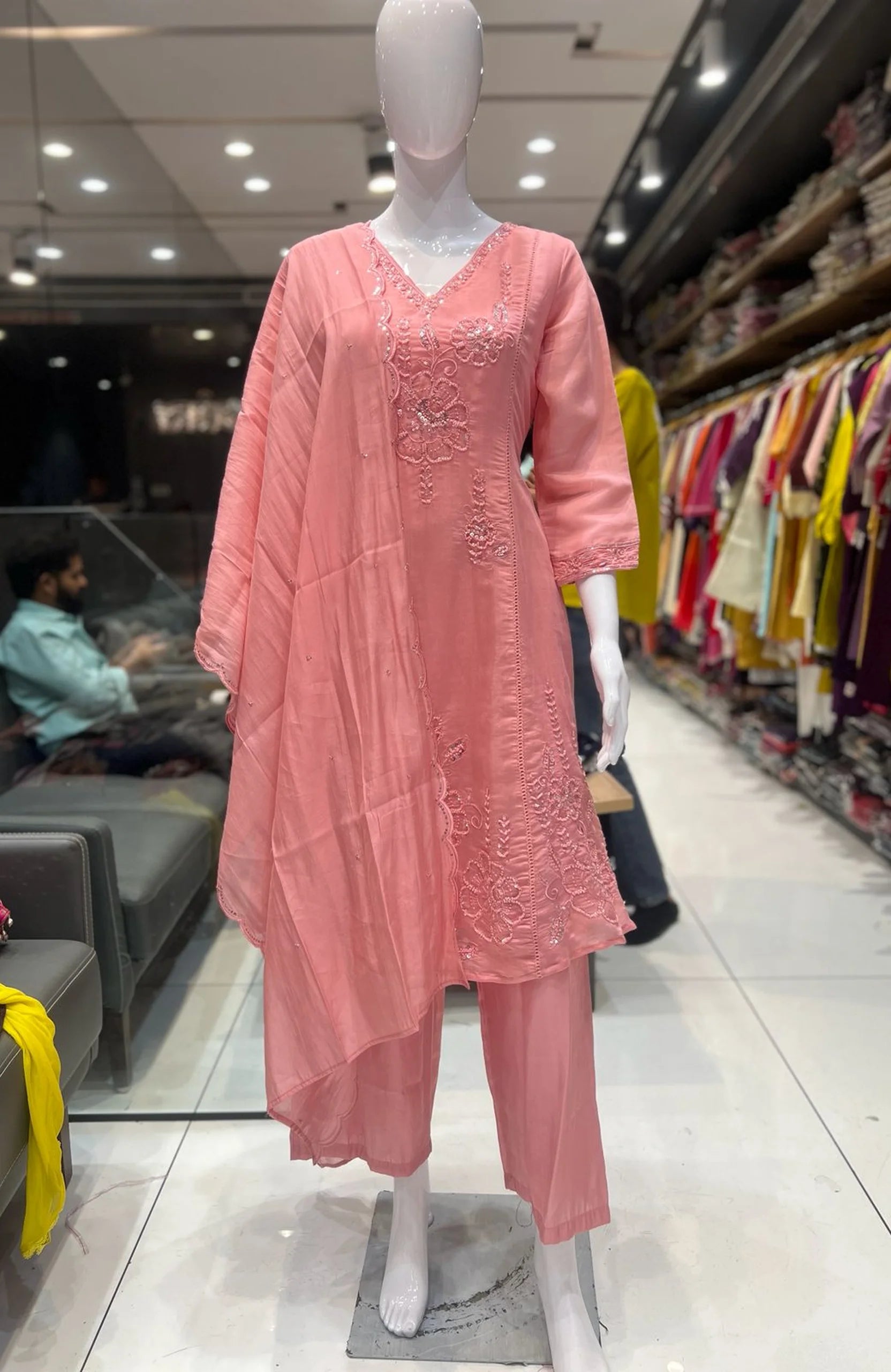 Baby Pink Organza Short Anarkali Suit Set for Women | Bead Work 3 Piece Elegant Party Wear