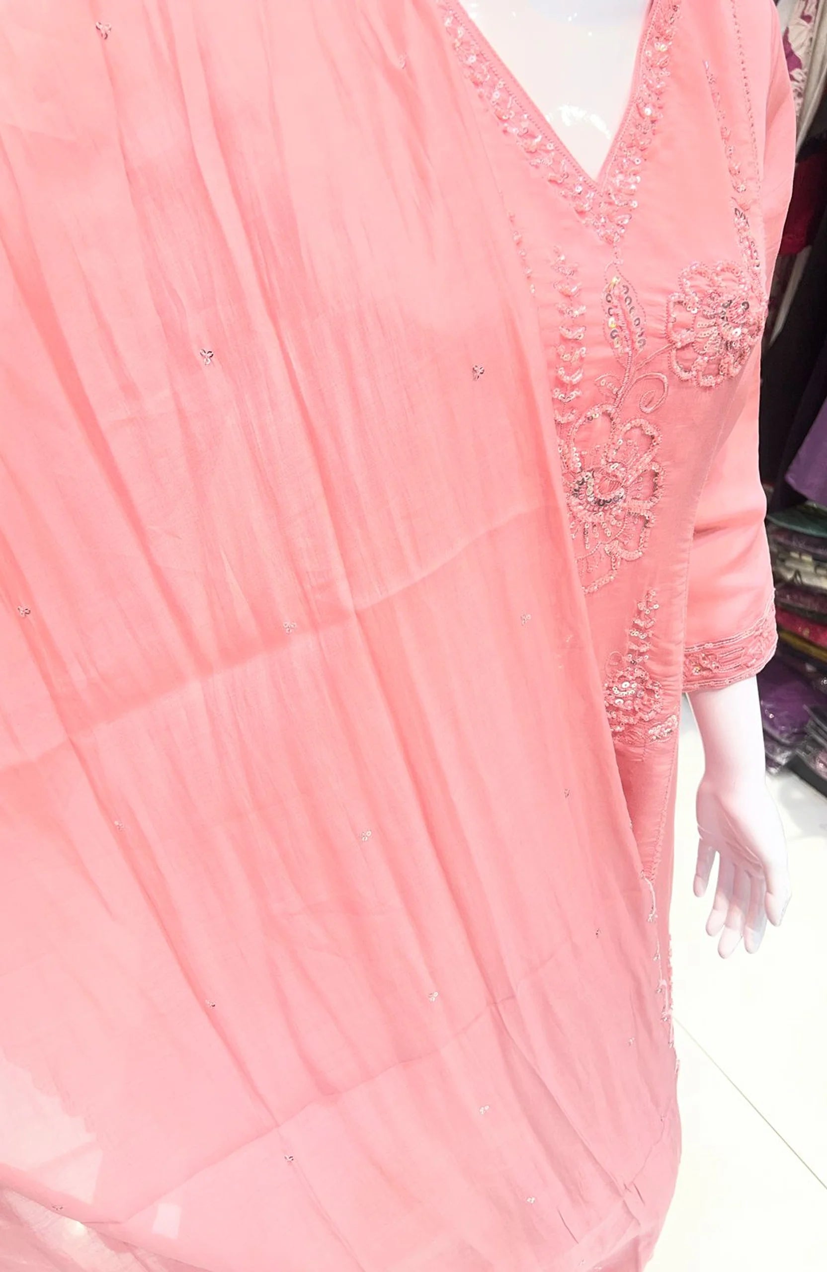 Baby Pink Organza Short Anarkali Suit Set for Women | Bead Work 3 Piece Elegant Party Wear