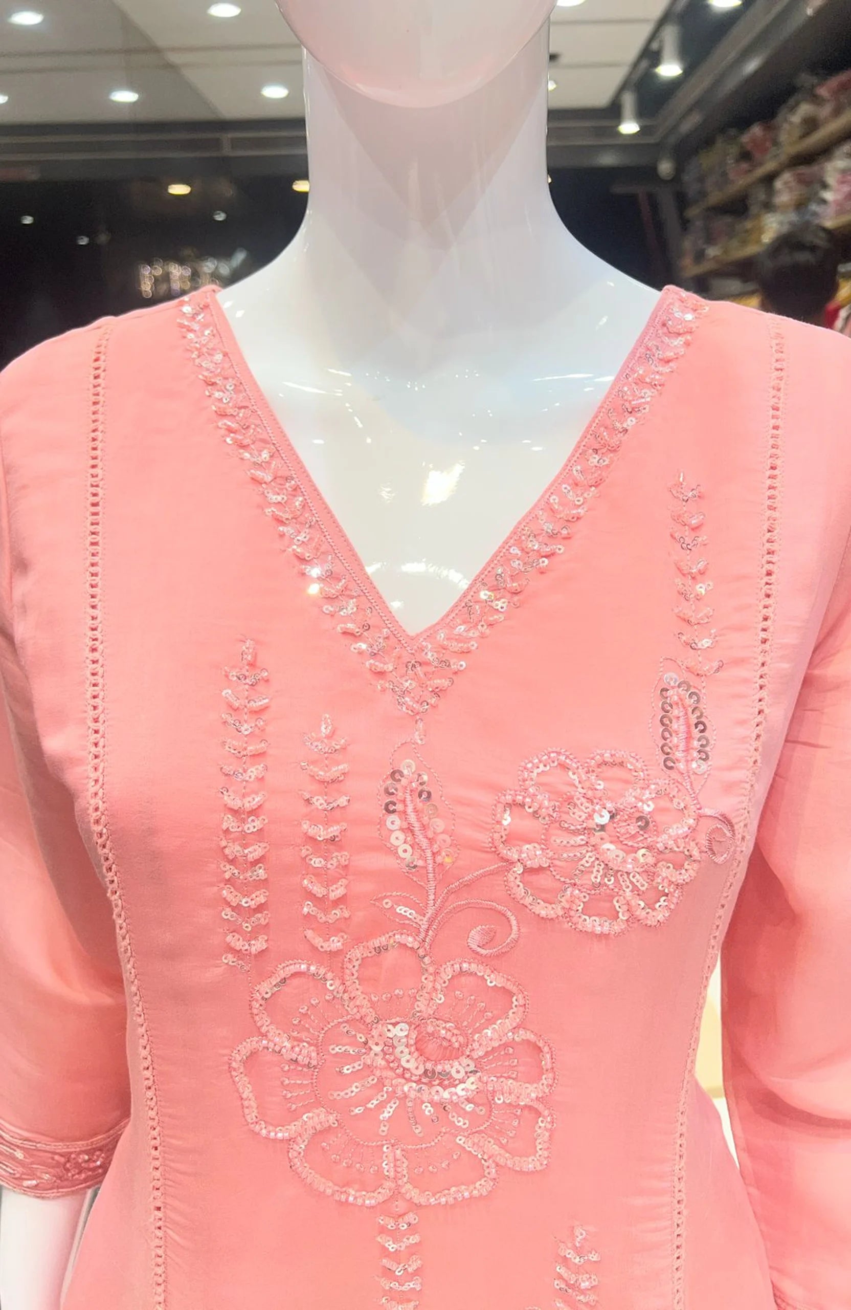Baby Pink Organza Short Anarkali Suit Set for Women | Bead Work 3 Piece Elegant Party Wear