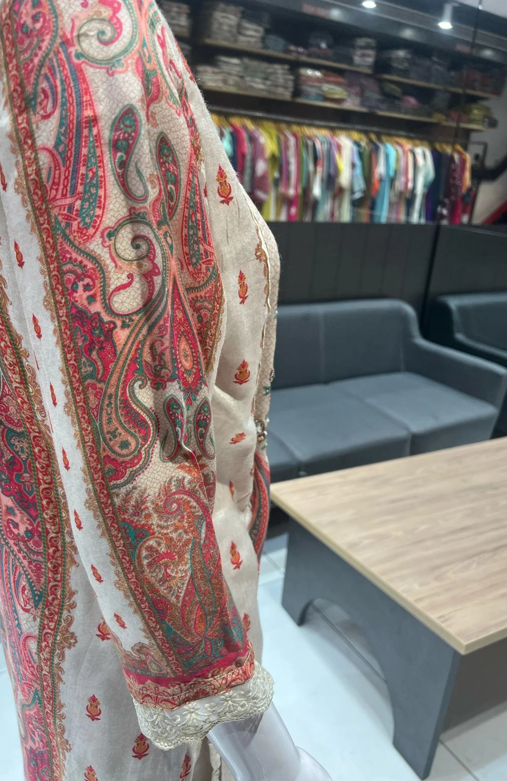 Cream Crepe Pakistani Style Suit Set for Women | Designer Printed Elegant Ethnic Wear