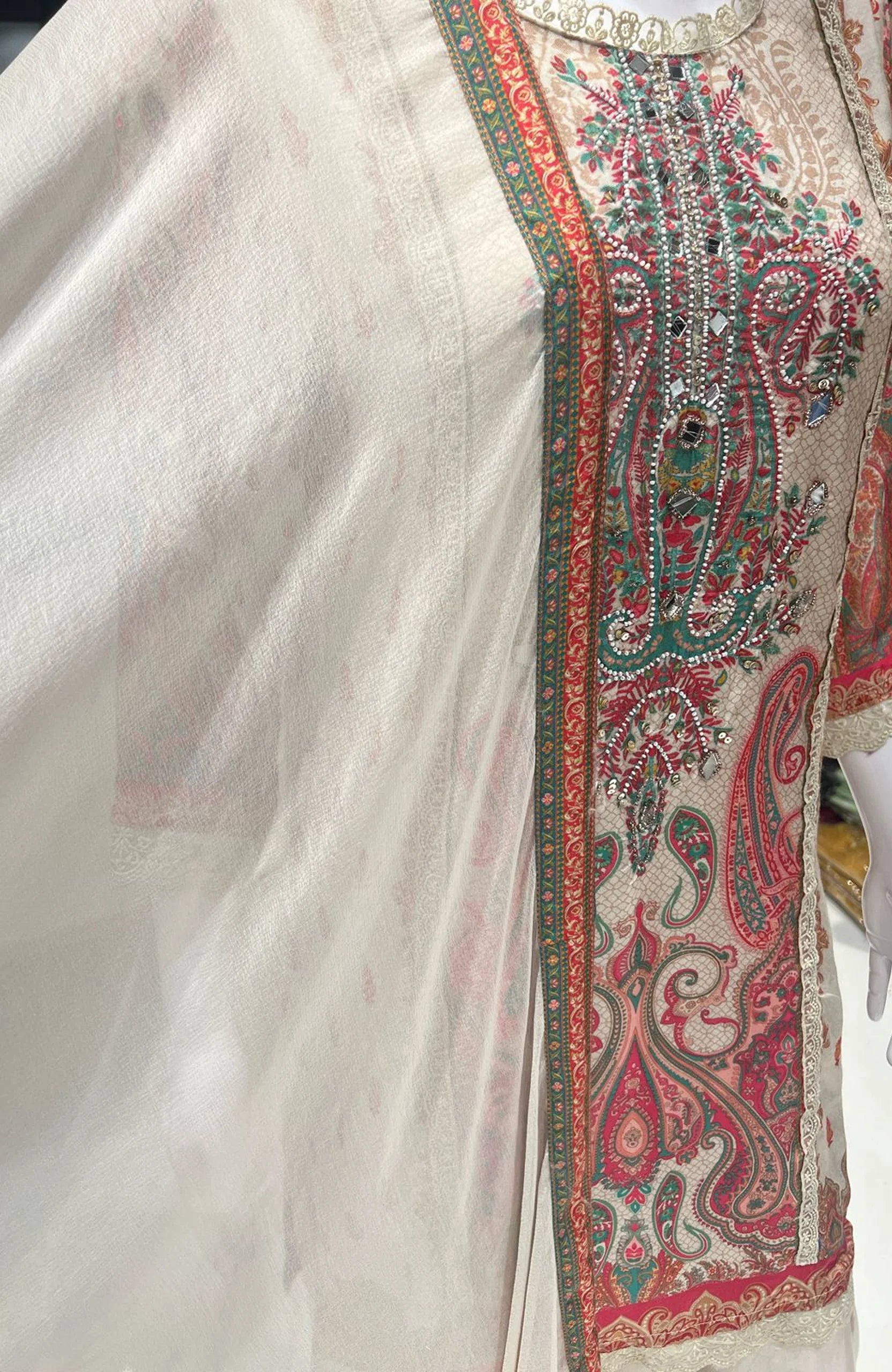 Cream Crepe Pakistani Style Suit Set for Women | Designer Printed Elegant Ethnic Wear