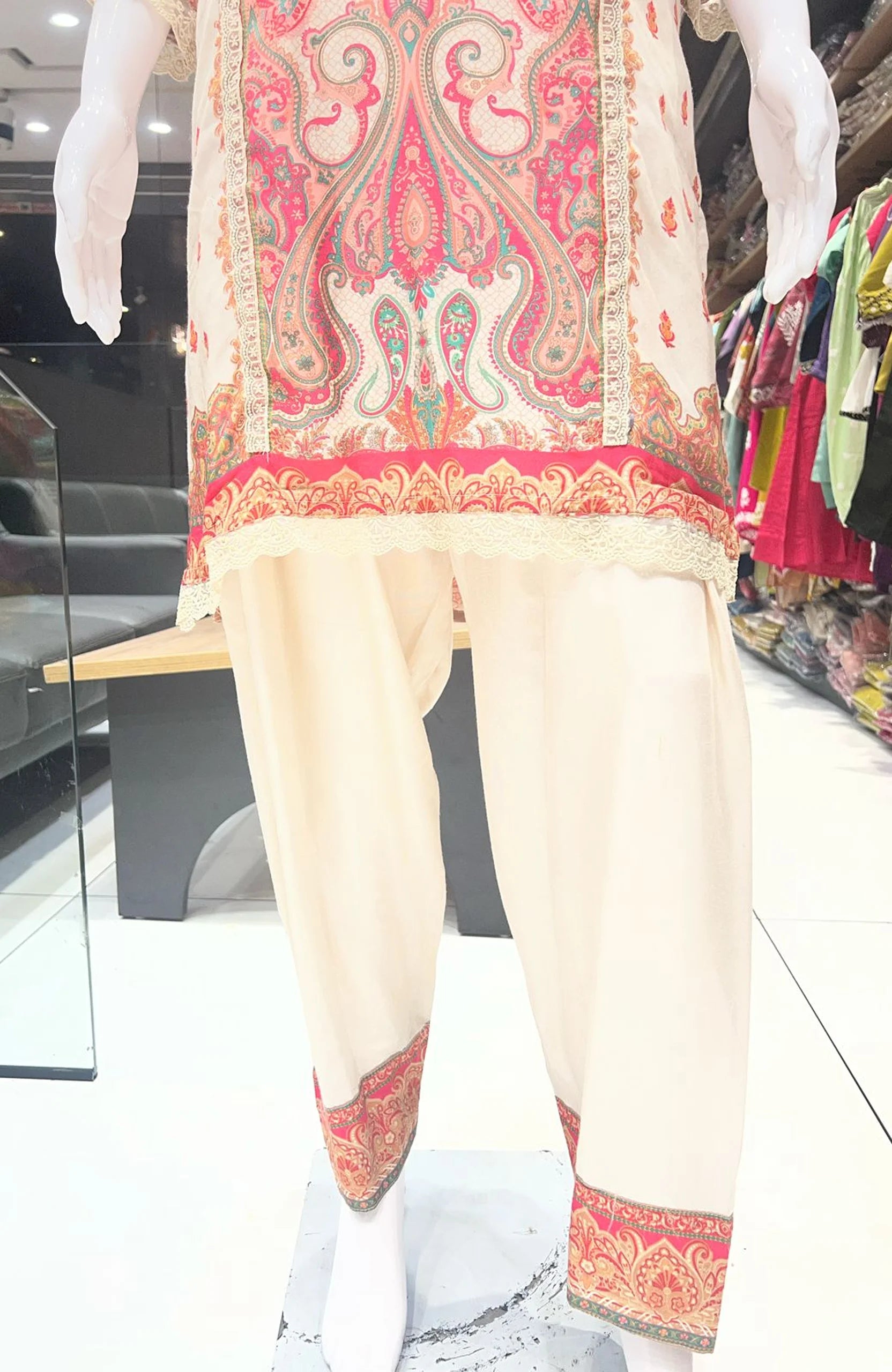 Cream Crepe Pakistani Style Suit Set for Women | Designer Printed Elegant Ethnic Wear