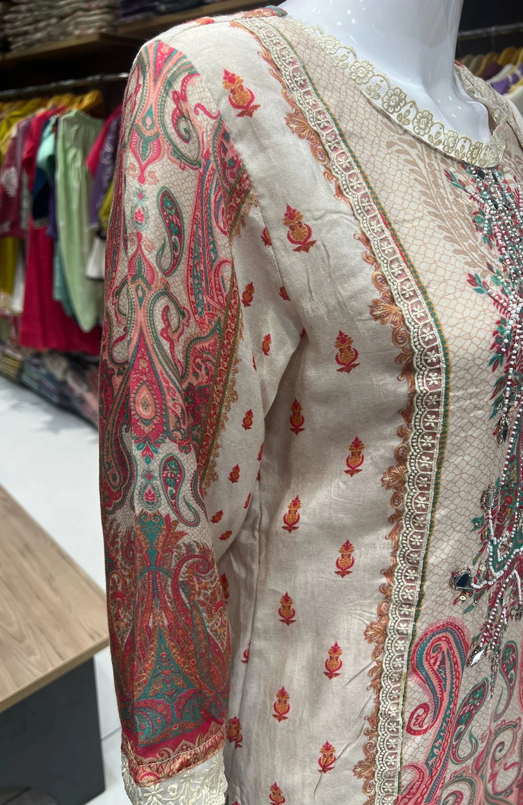 Cream Crepe Pakistani Style Suit Set for Women | Designer Printed Elegant Ethnic Wear
