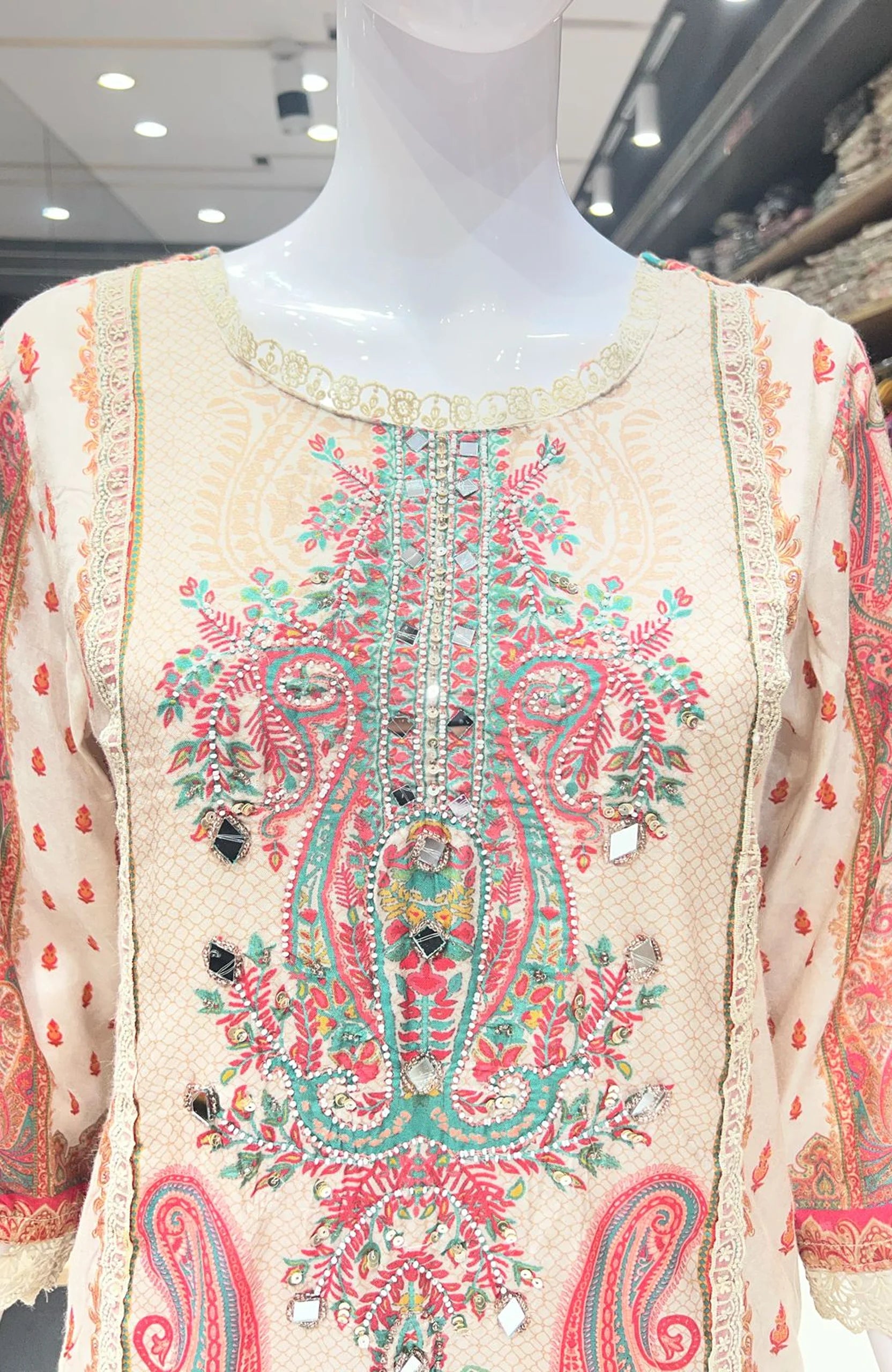 Cream Crepe Pakistani Style Suit Set for Women | Designer Printed Elegant Ethnic Wear