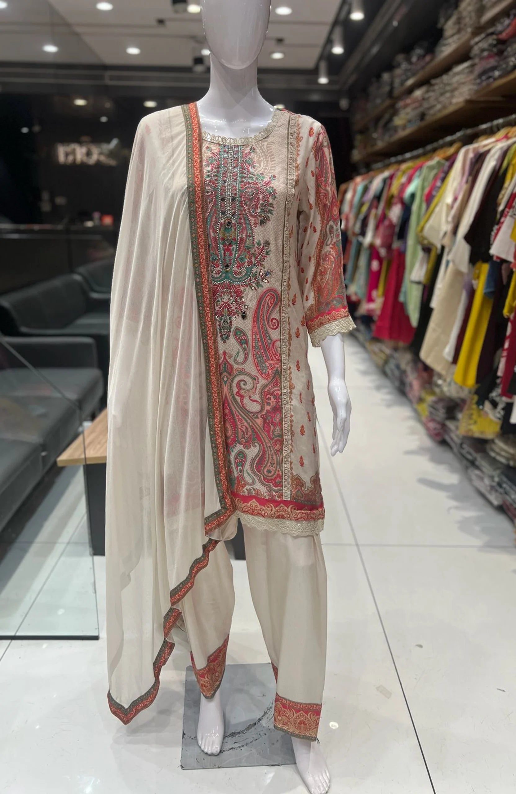 Cream Crepe Pakistani Style Suit Set for Women | Designer Printed Elegant Ethnic Wear