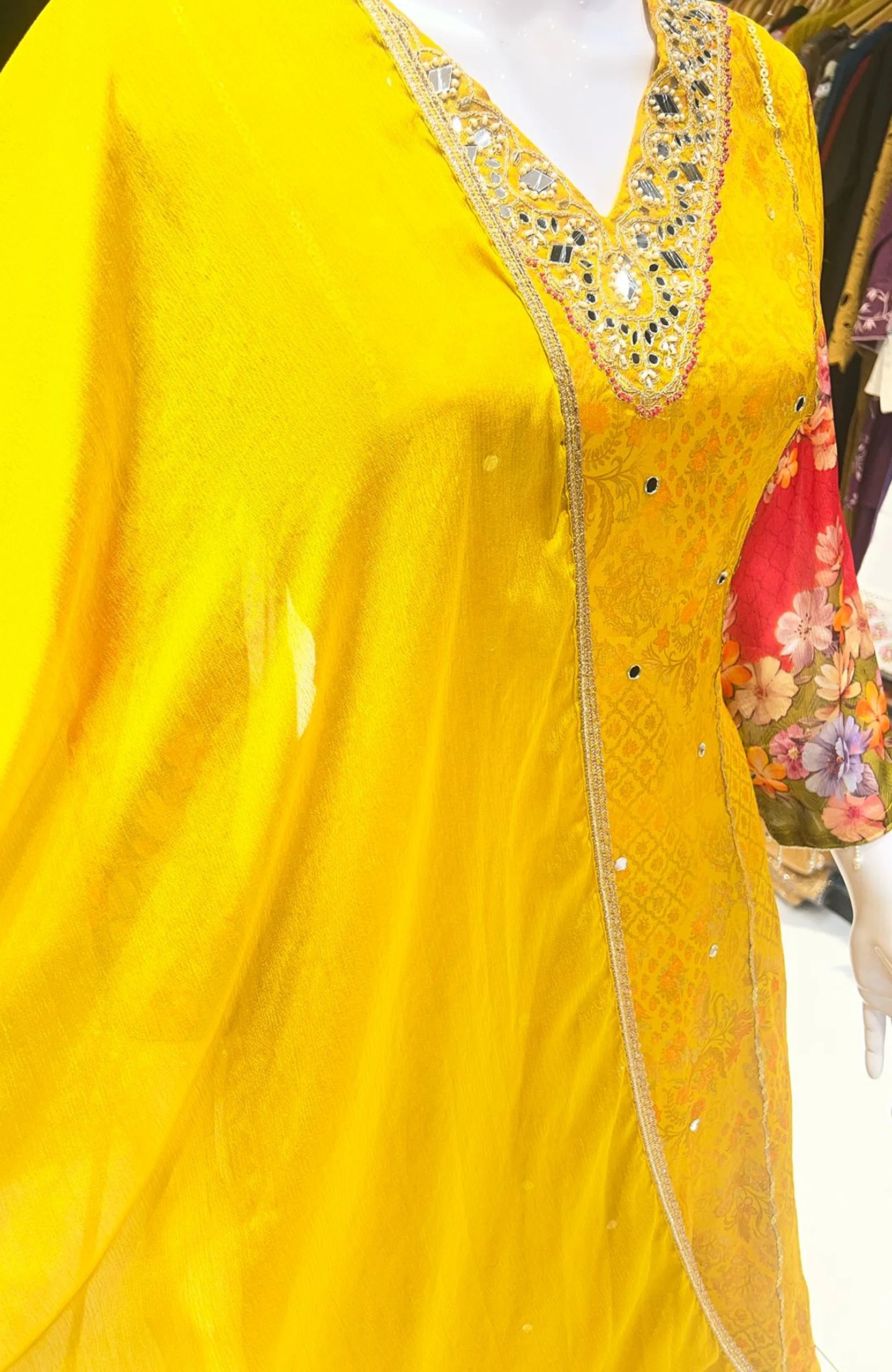 Yellow Floral Short Anarkali Suit Set for Women | Chinon Hand & Machine Work 3 Piece Ethnic Wear