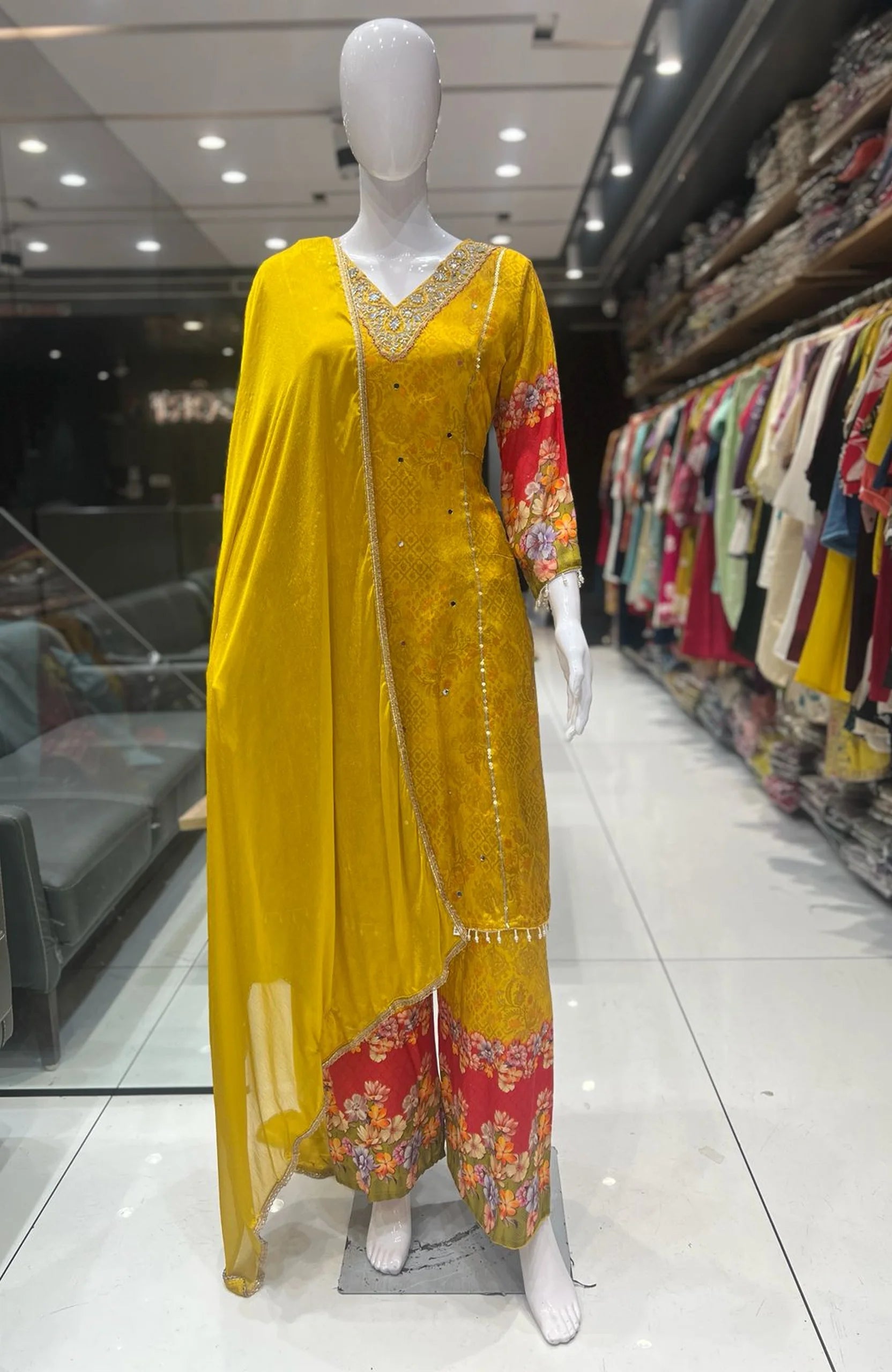 Yellow Floral Short Anarkali Suit Set for Women | Chinon Hand & Machine Work 3 Piece Ethnic Wear