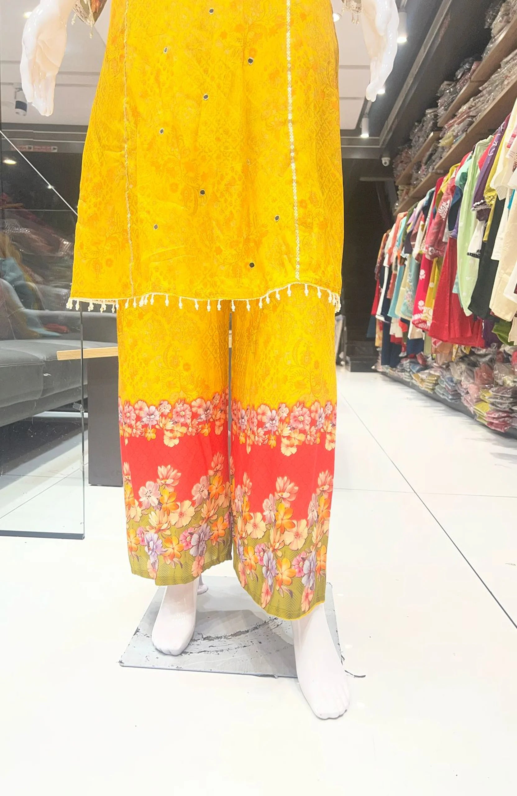 Yellow Floral Short Anarkali Suit Set for Women | Chinon Hand & Machine Work 3 Piece Ethnic Wear