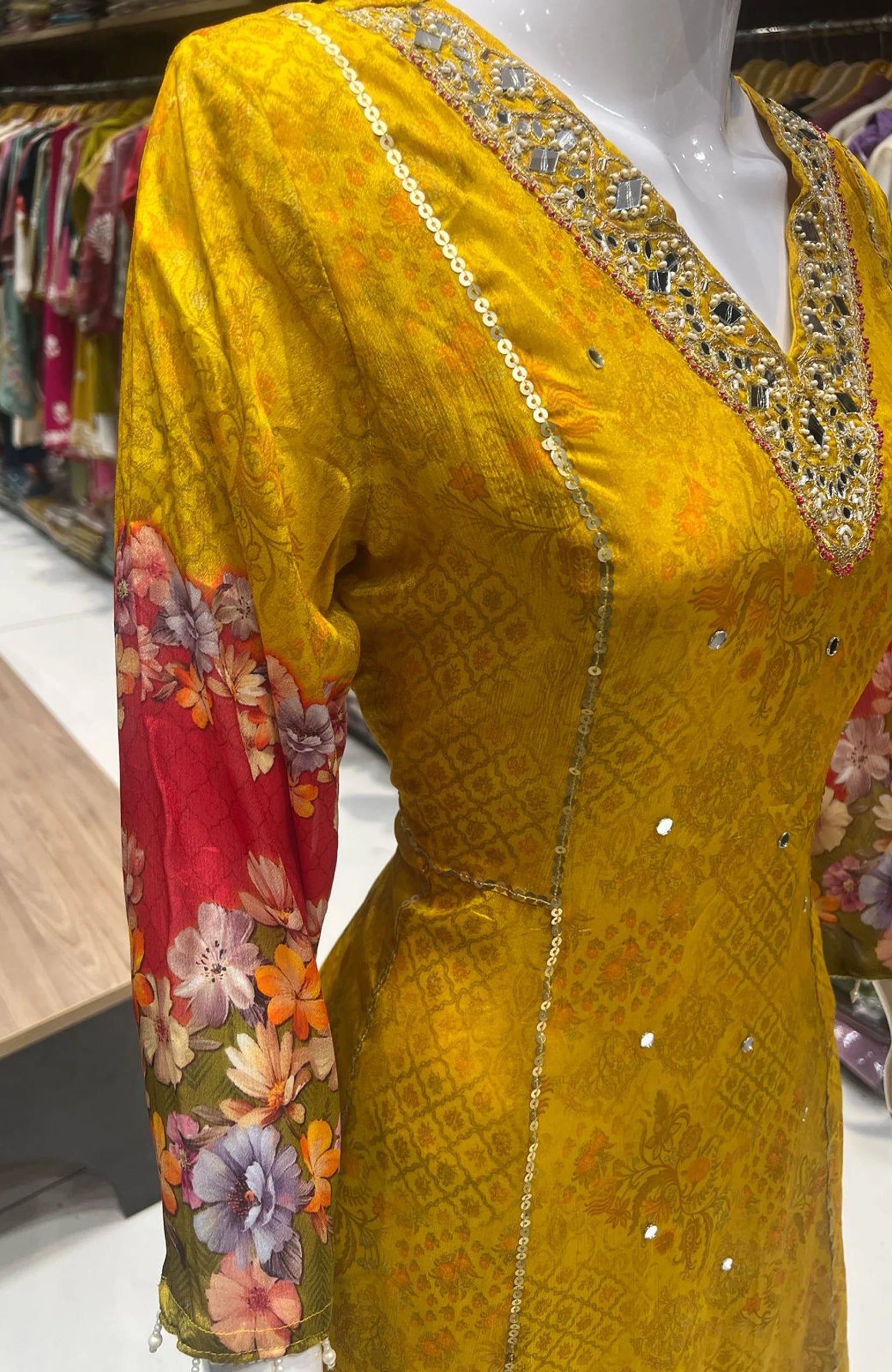 Yellow Floral Short Anarkali Suit Set for Women | Chinon Hand & Machine Work 3 Piece Ethnic Wear