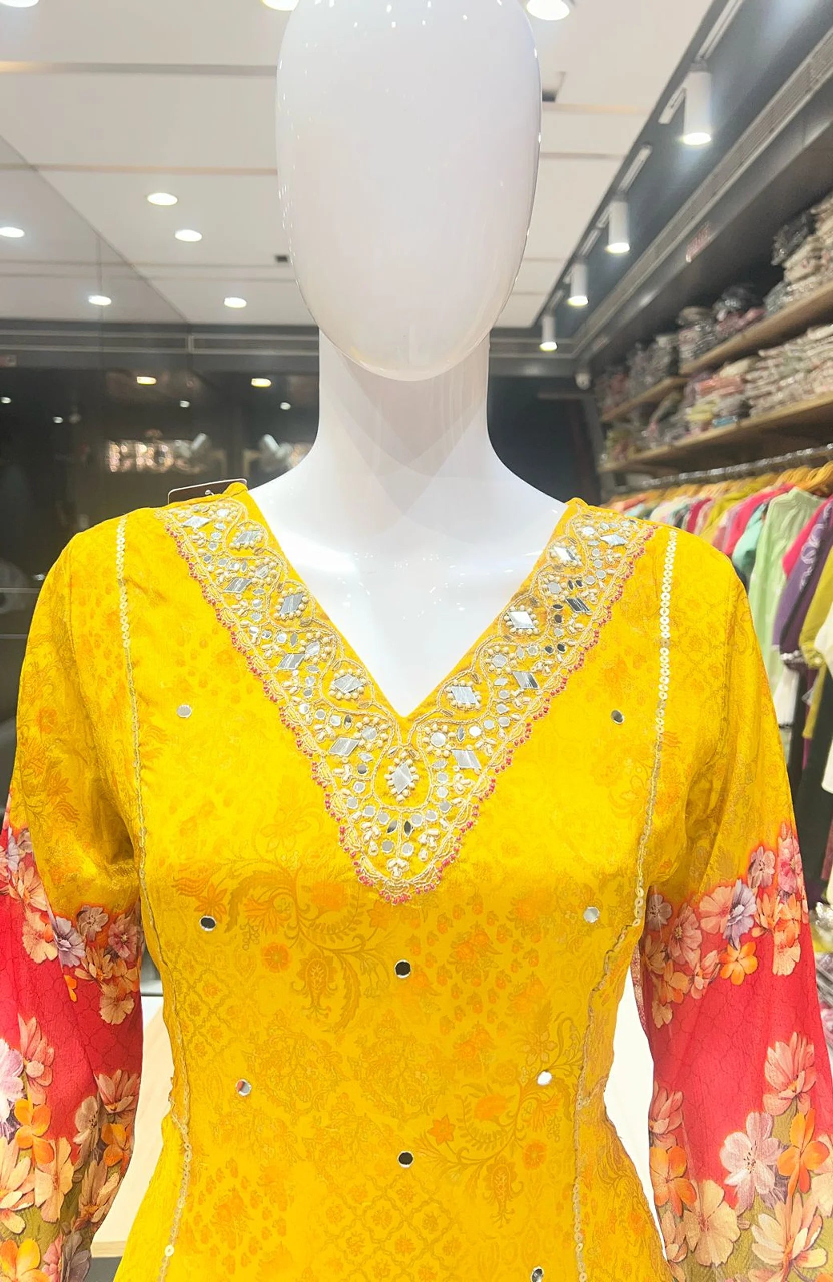 Yellow Floral Short Anarkali Suit Set for Women | Chinon Hand & Machine Work 3 Piece Ethnic Wear