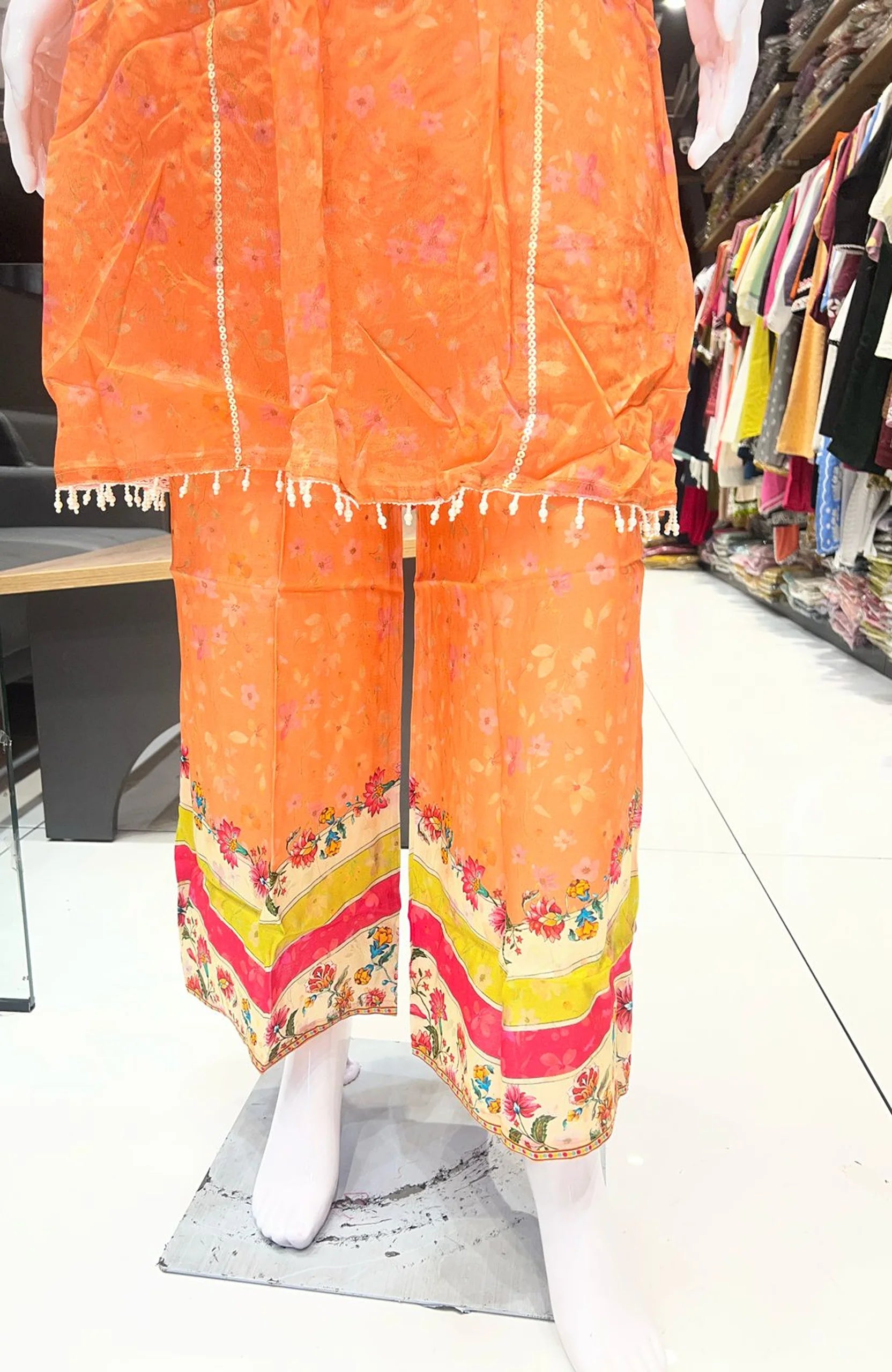 Chinon Orange Organza Straight Suit Set for Women | Hand Work Digital Print Festive Wear