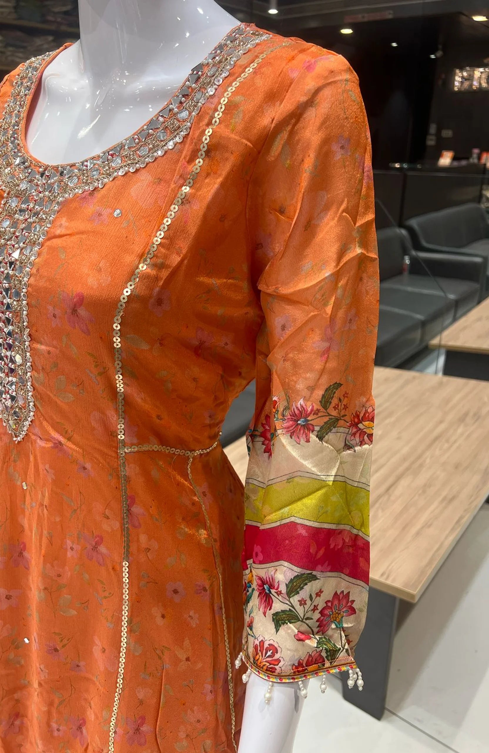 Chinon Orange Organza Straight Suit Set for Women | Hand Work Digital Print Festive Wear