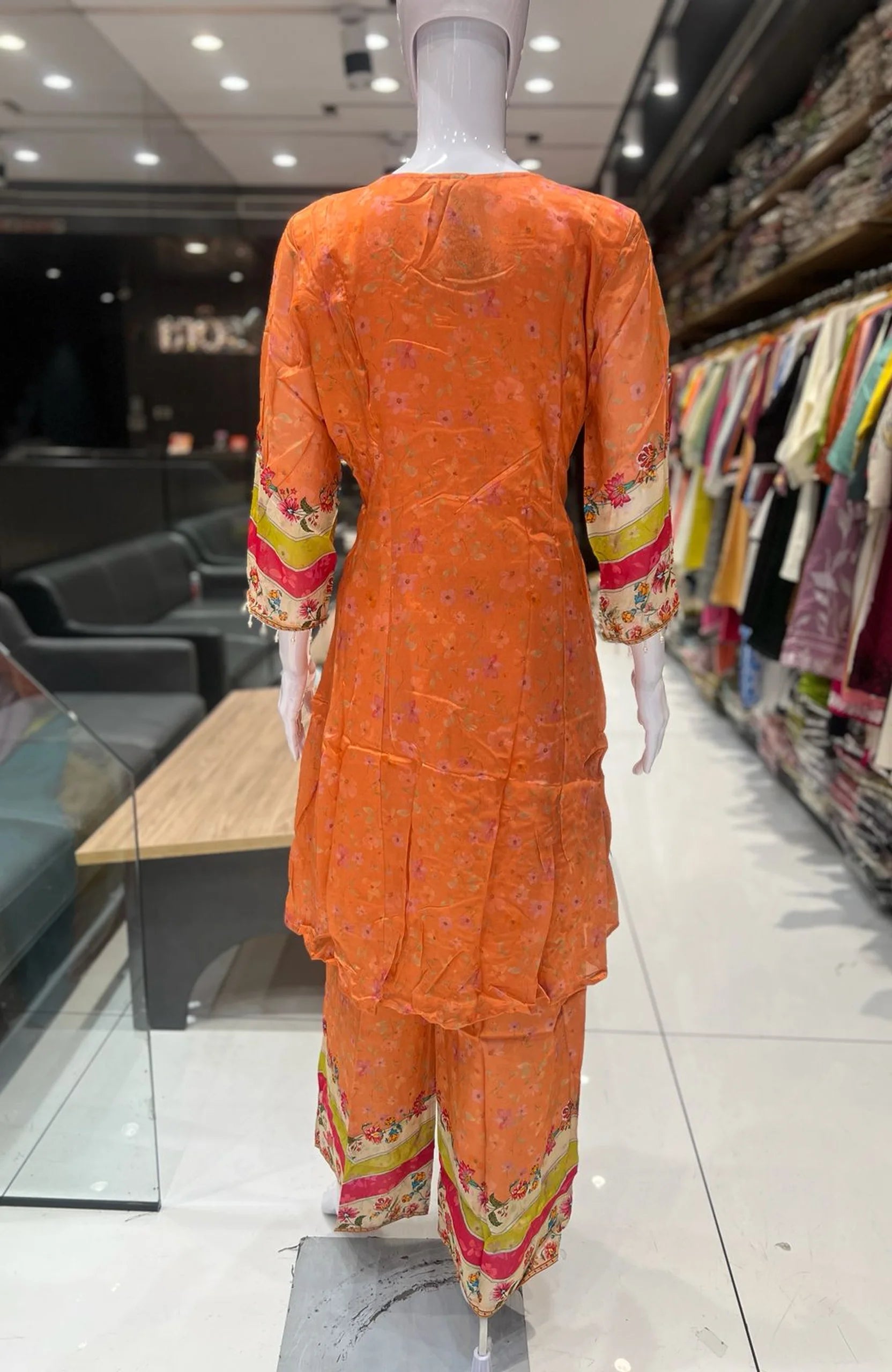 Chinon Orange Organza Straight Suit Set for Women | Hand Work Digital Print Festive Wear