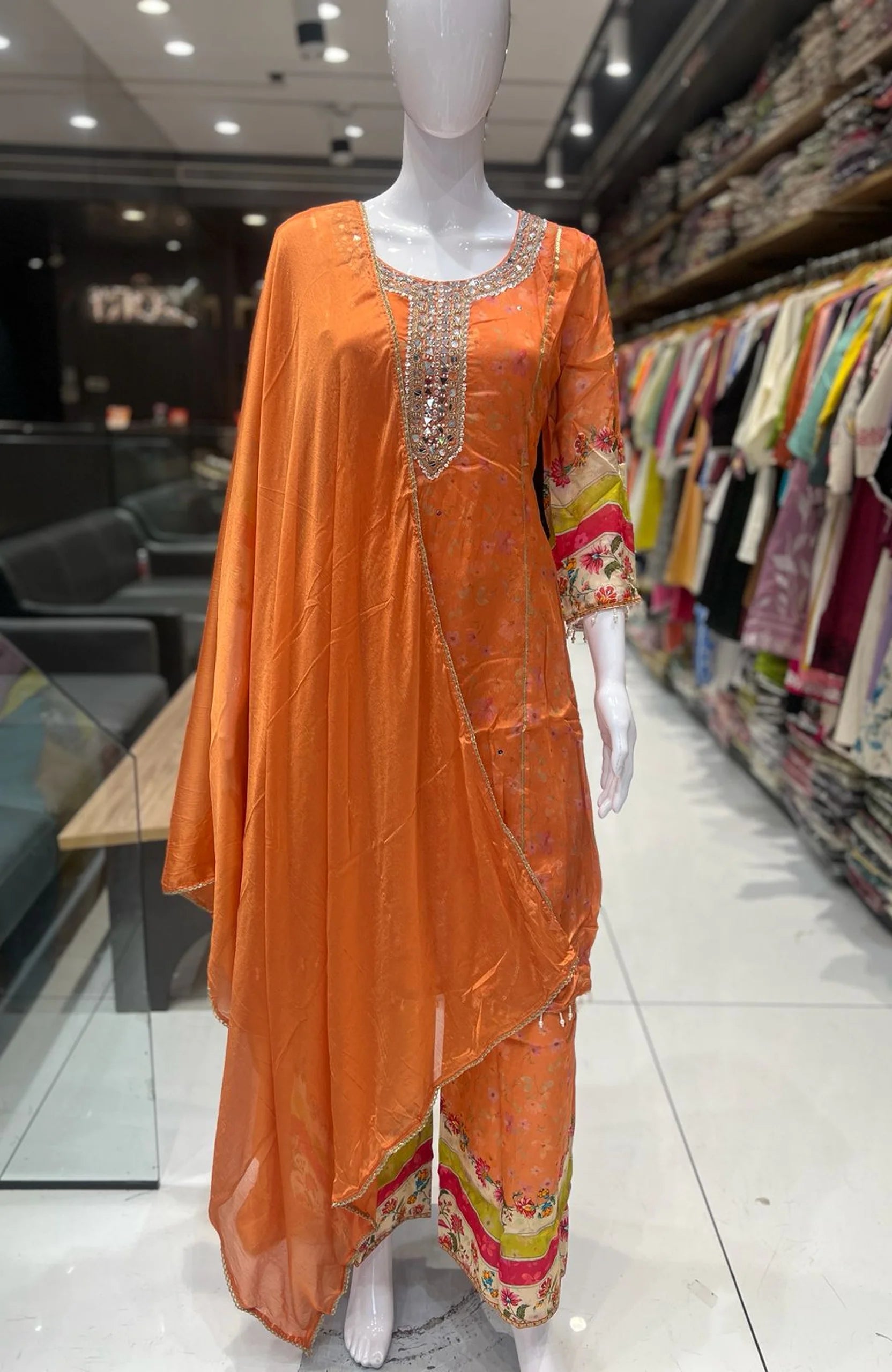 Chinon Orange Organza Straight Suit Set for Women | Hand Work Digital Print Festive Wear